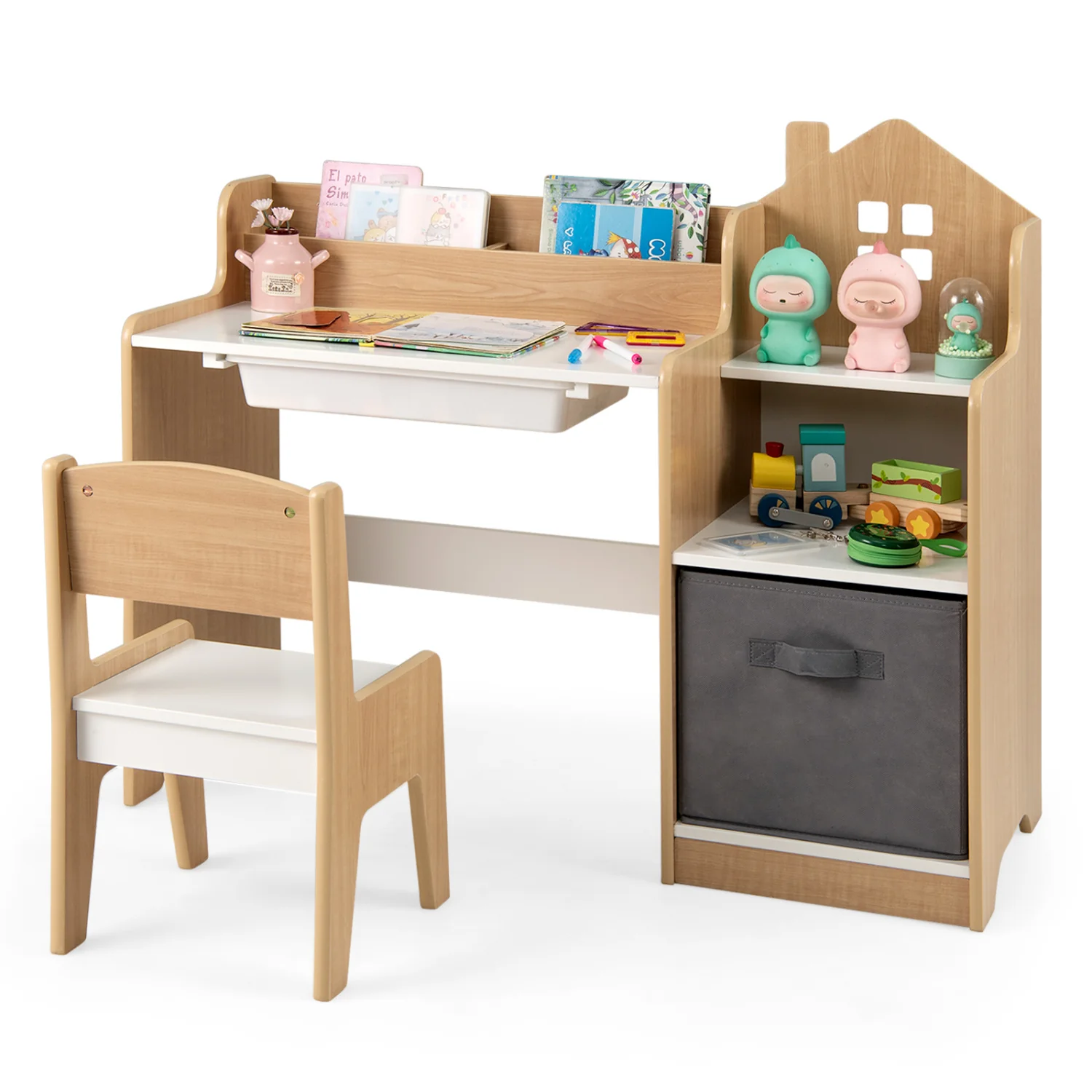 Kids Study Desk And Chair Set, Open Shelves Drawer, Fabric Storage Bin, Natural - Image 4
