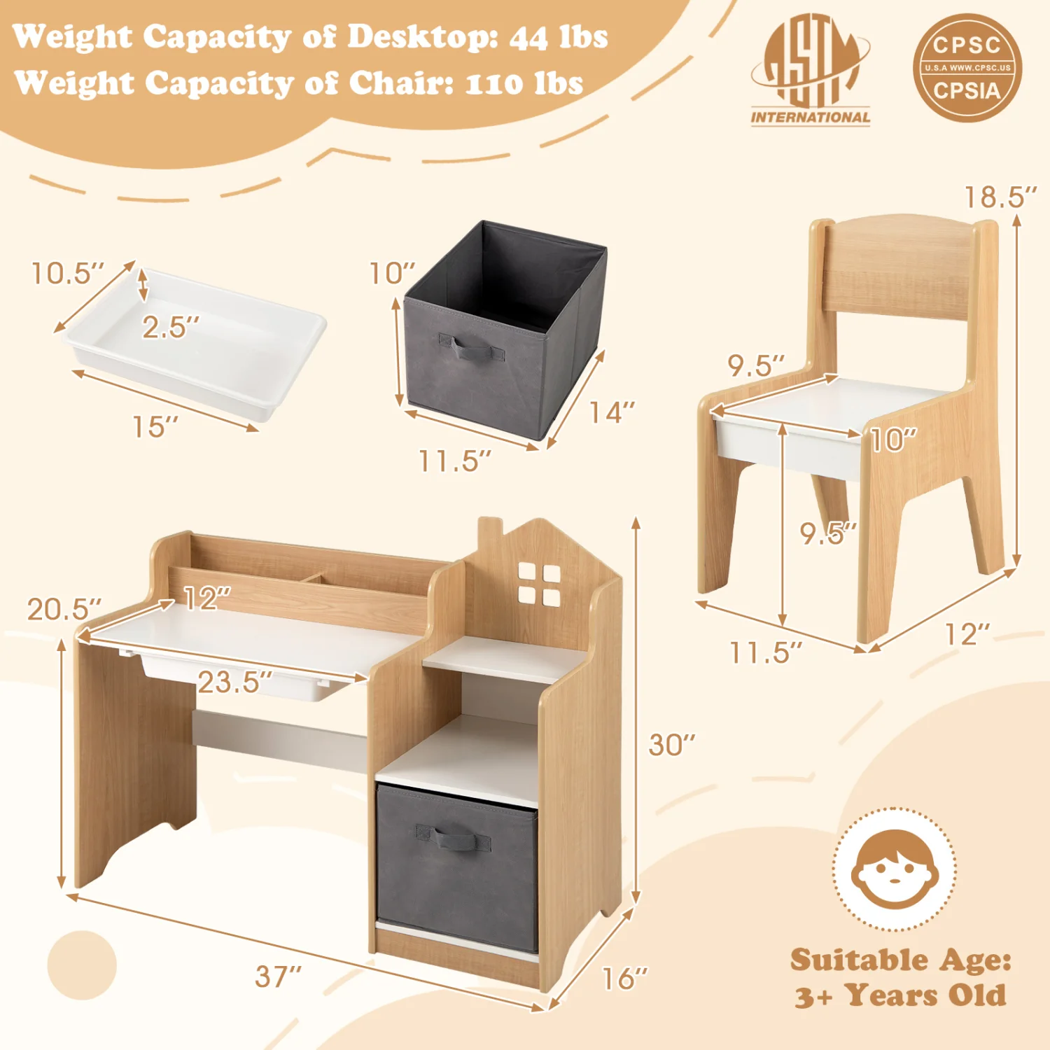 Kids Study Desk And Chair Set, Open Shelves Drawer, Fabric Storage Bin, Natural - Image 5