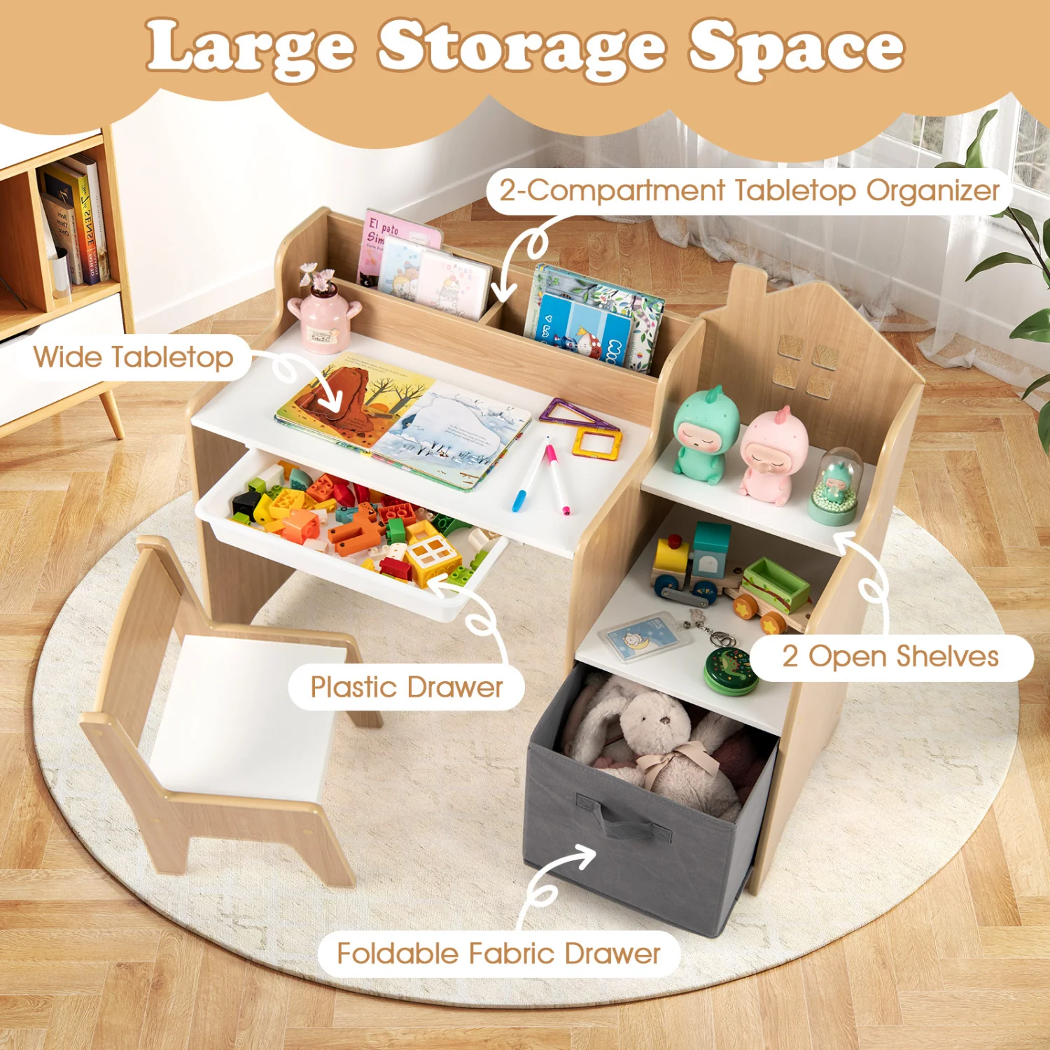 Kids Study Desk And Chair Set, Open Shelves Drawer, Fabric Storage Bin, Natural - Image 7