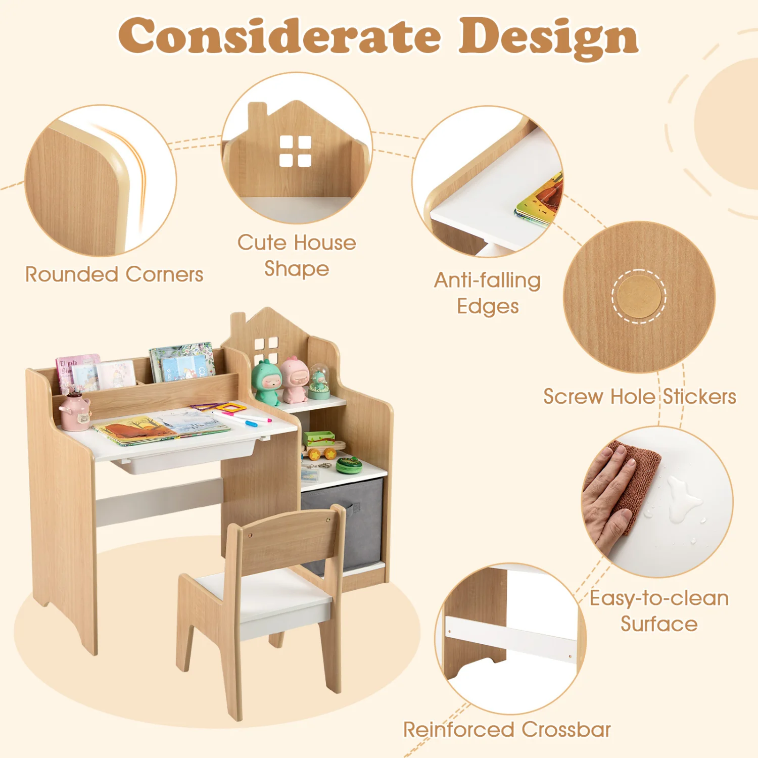 Kids Study Desk And Chair Set, Open Shelves Drawer, Fabric Storage Bin, Natural - Image 8