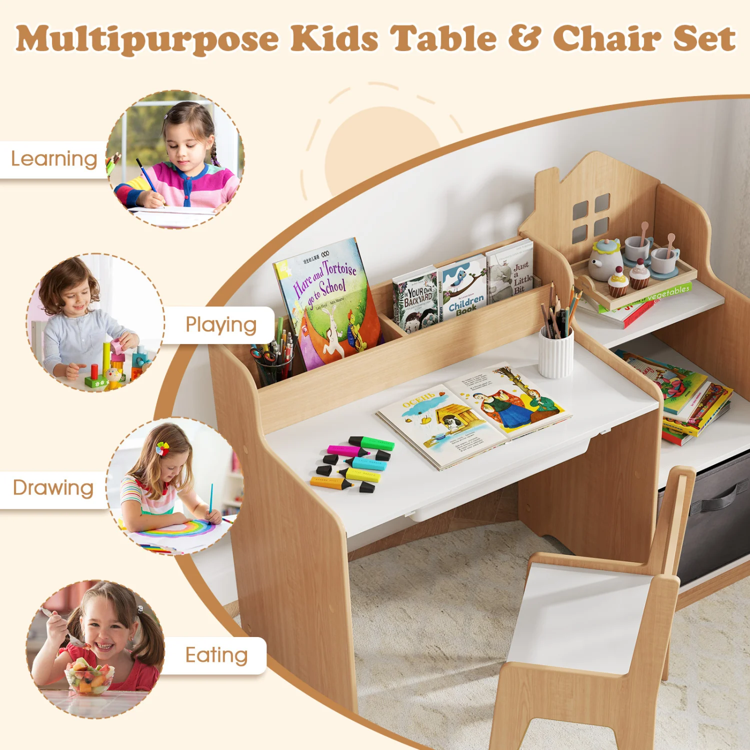 Kids Study Desk And Chair Set, Open Shelves Drawer, Fabric Storage Bin, Natural - Image 9