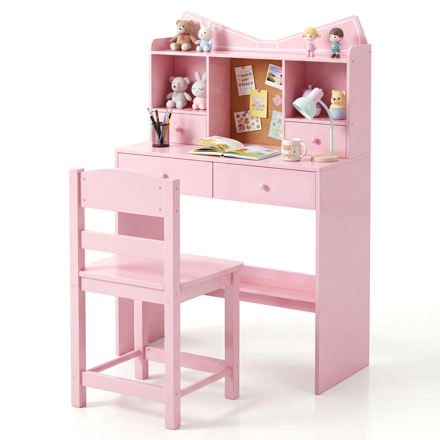Kids Study Desk And Chair Set, With Open Shelves And Cork Board, Pink