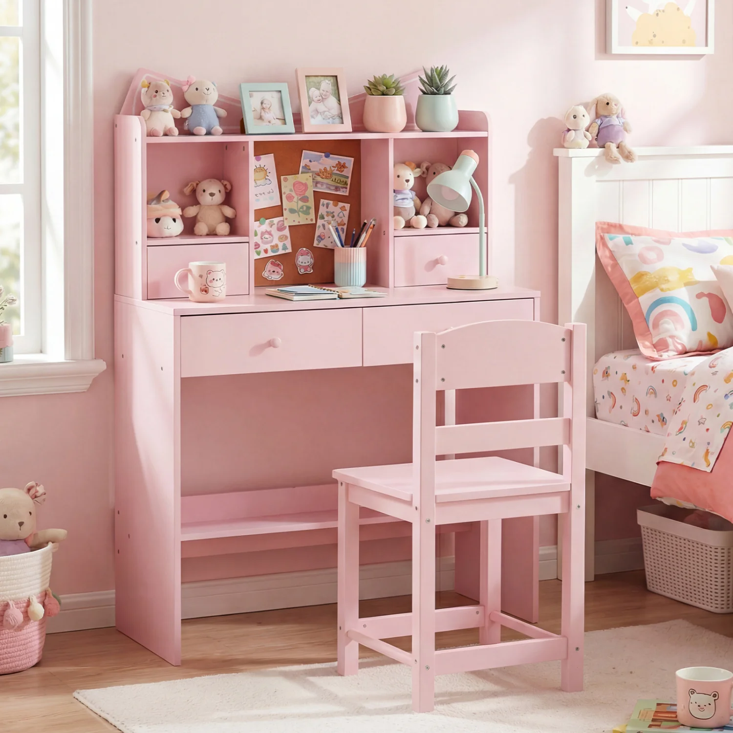Kids Study Desk And Chair Set, With Open Shelves And Cork Board, Pink - Image 2