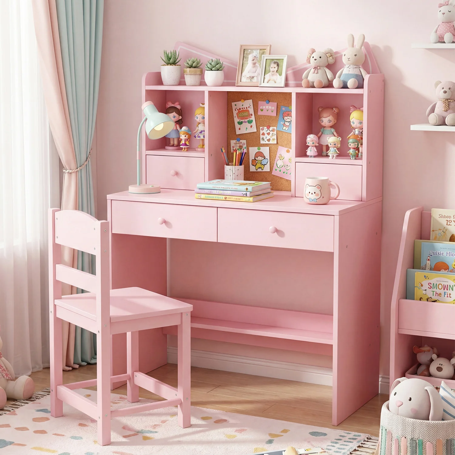 Kids Study Desk And Chair Set, With Open Shelves And Cork Board, Pink - Image 3