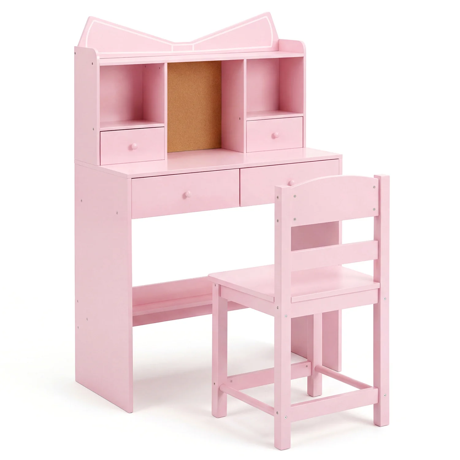 Kids Study Desk And Chair Set, With Open Shelves And Cork Board, Pink - Image 4
