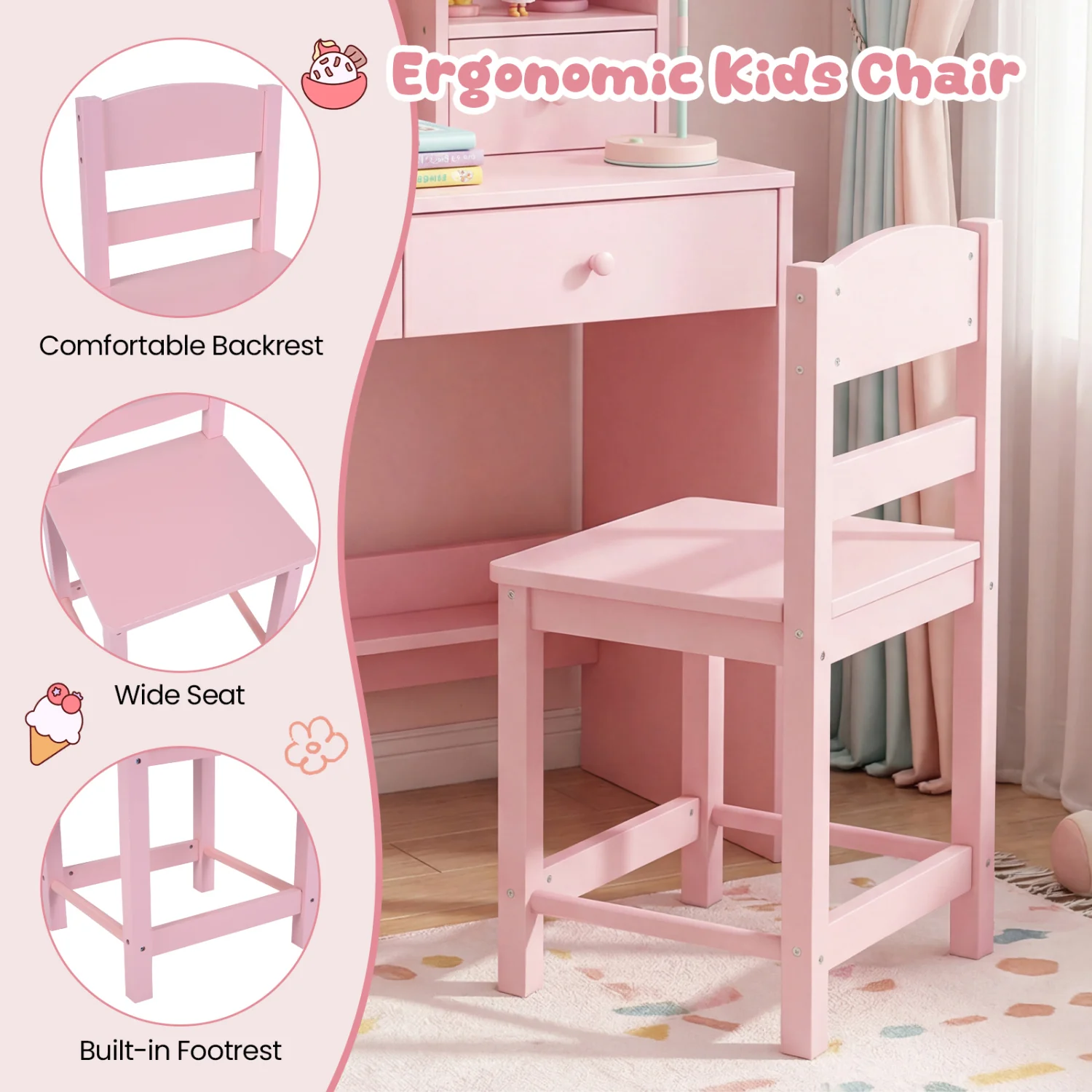 Kids Study Desk And Chair Set, With Open Shelves And Cork Board, Pink - Image 7