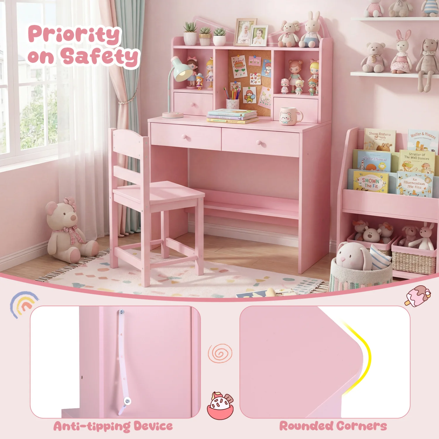Kids Study Desk And Chair Set, With Open Shelves And Cork Board, Pink - Image 8