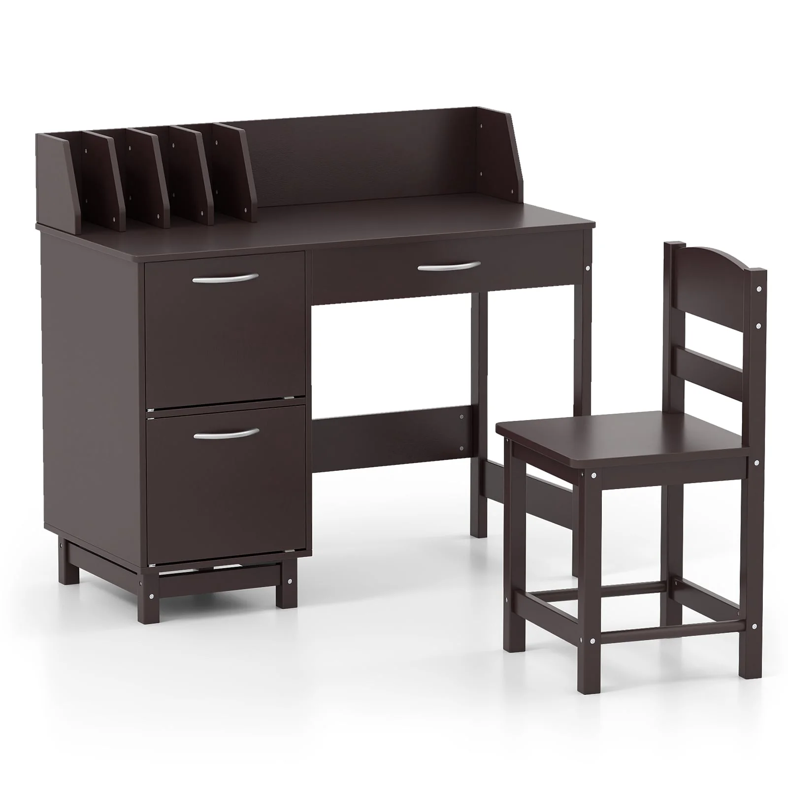Kids Study Desk And Chair Set, With Drawer And Storage Cabinets, Dark Brown - Image 2