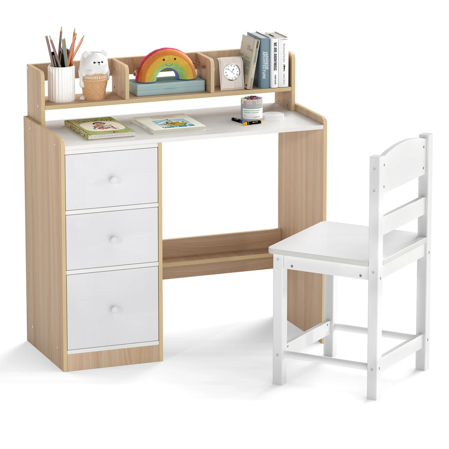 Kids Study Desk And Chair Set, Wooden, With Hutch And Storage Shelf, Natural