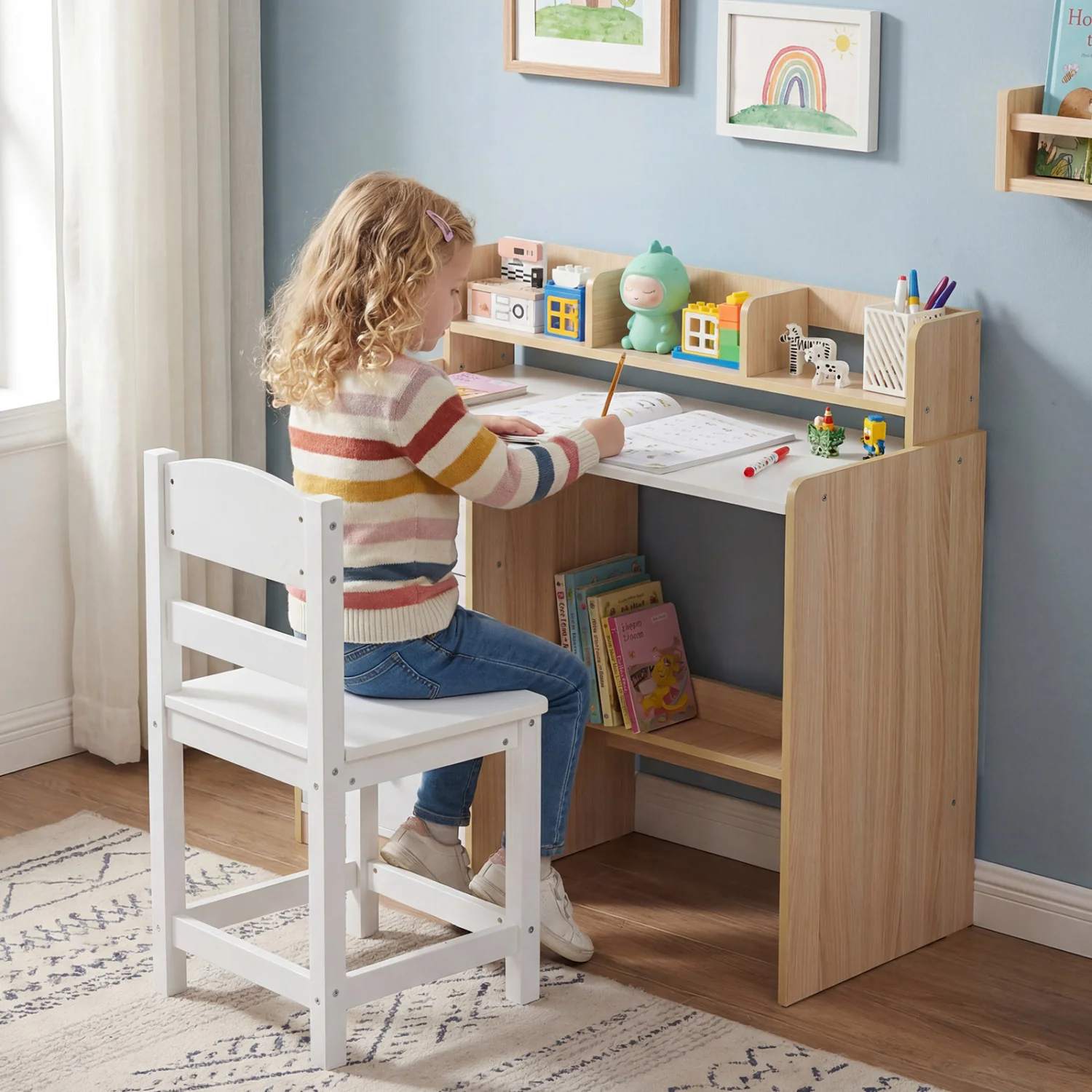 Kids Study Desk And Chair Set, Wooden, With Hutch And Storage Shelf, Natural - Image 3