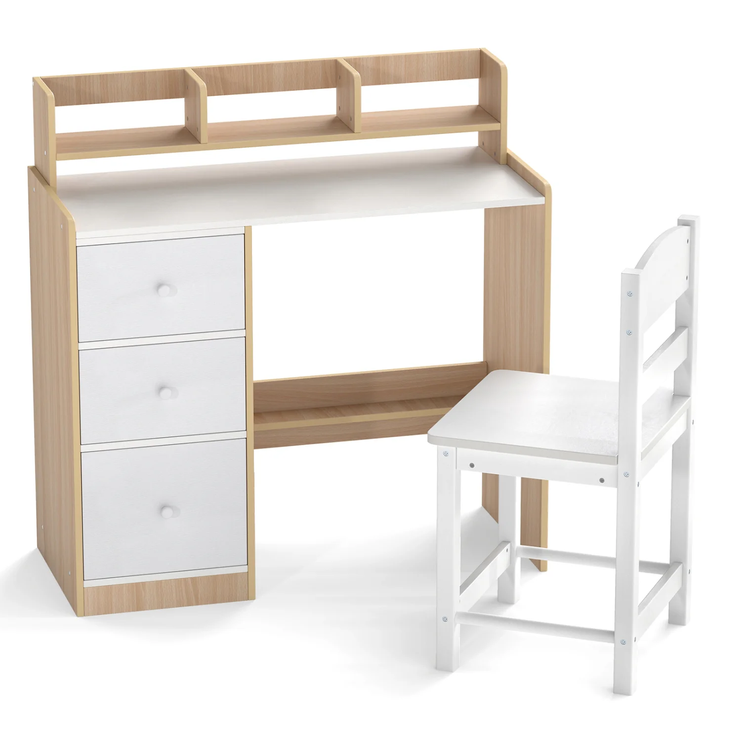 Kids Study Desk And Chair Set, Wooden, With Hutch And Storage Shelf, Natural - Image 4