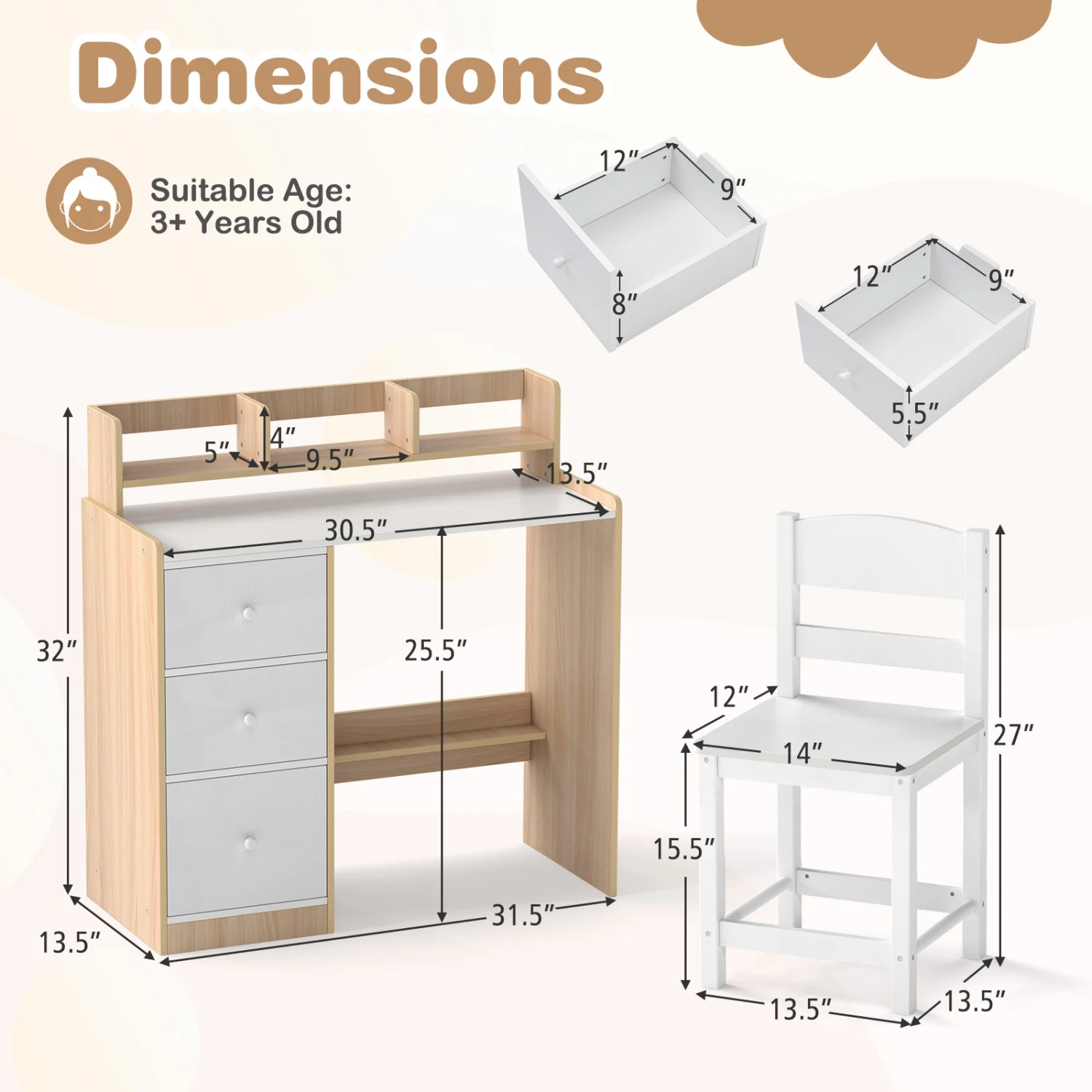 Kids Study Desk And Chair Set, Wooden, With Hutch And Storage Shelf, Natural - Image 5