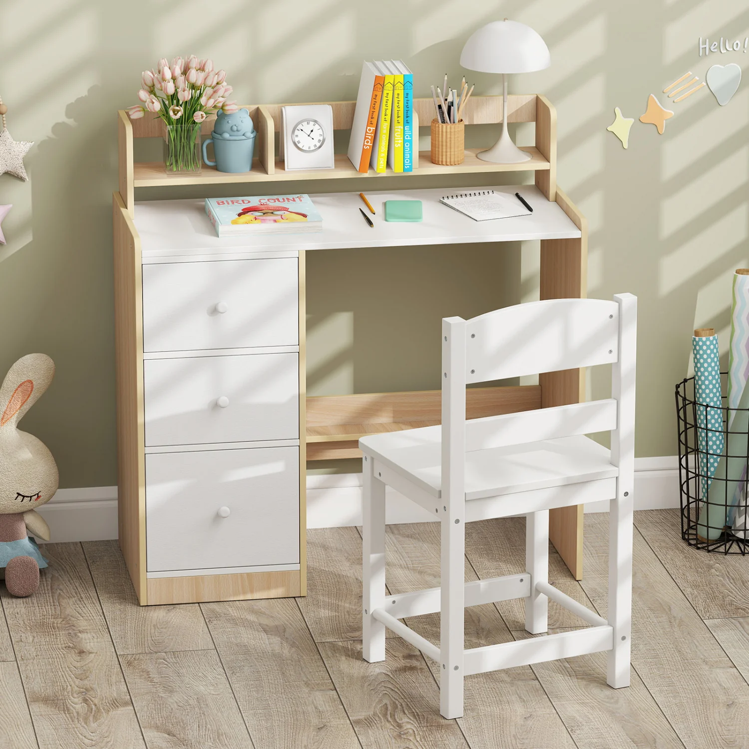 Kids Study Desk And Chair Set, Wooden, With Hutch And Storage Shelf, Natural - Image 6