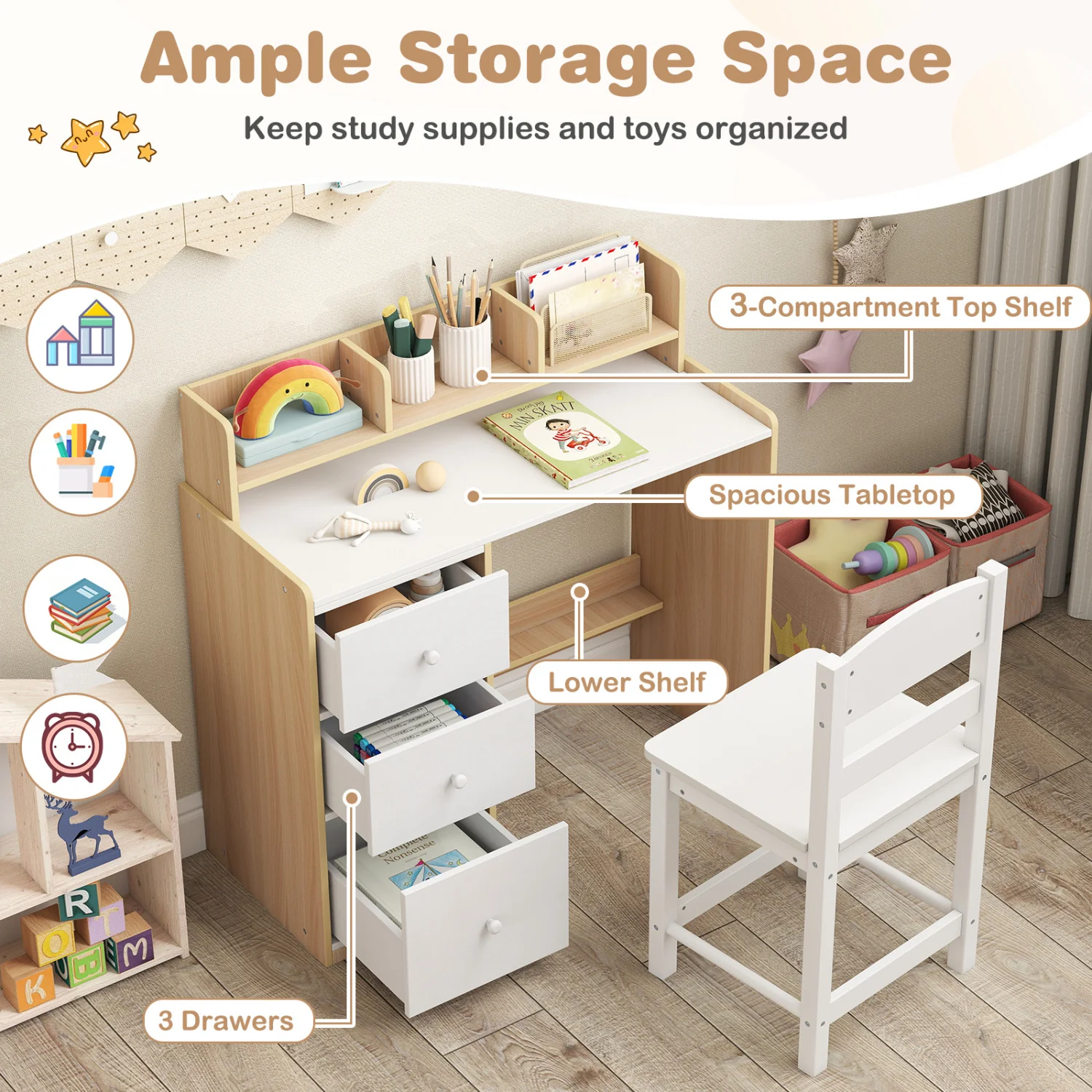 Kids Study Desk And Chair Set, Wooden, With Hutch And Storage Shelf, Natural - Image 8