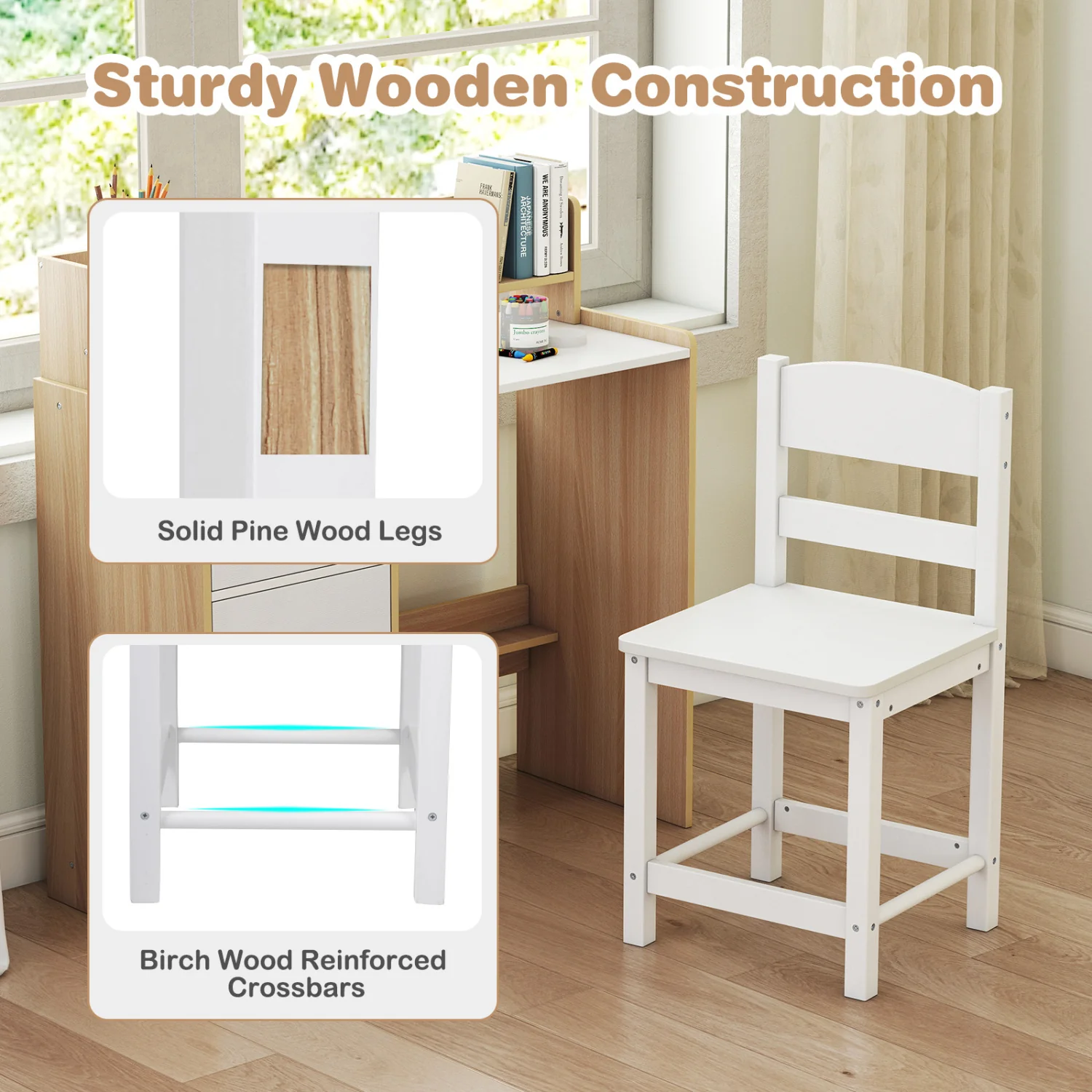 Kids Study Desk And Chair Set, Wooden, With Hutch And Storage Shelf, Natural - Image 9