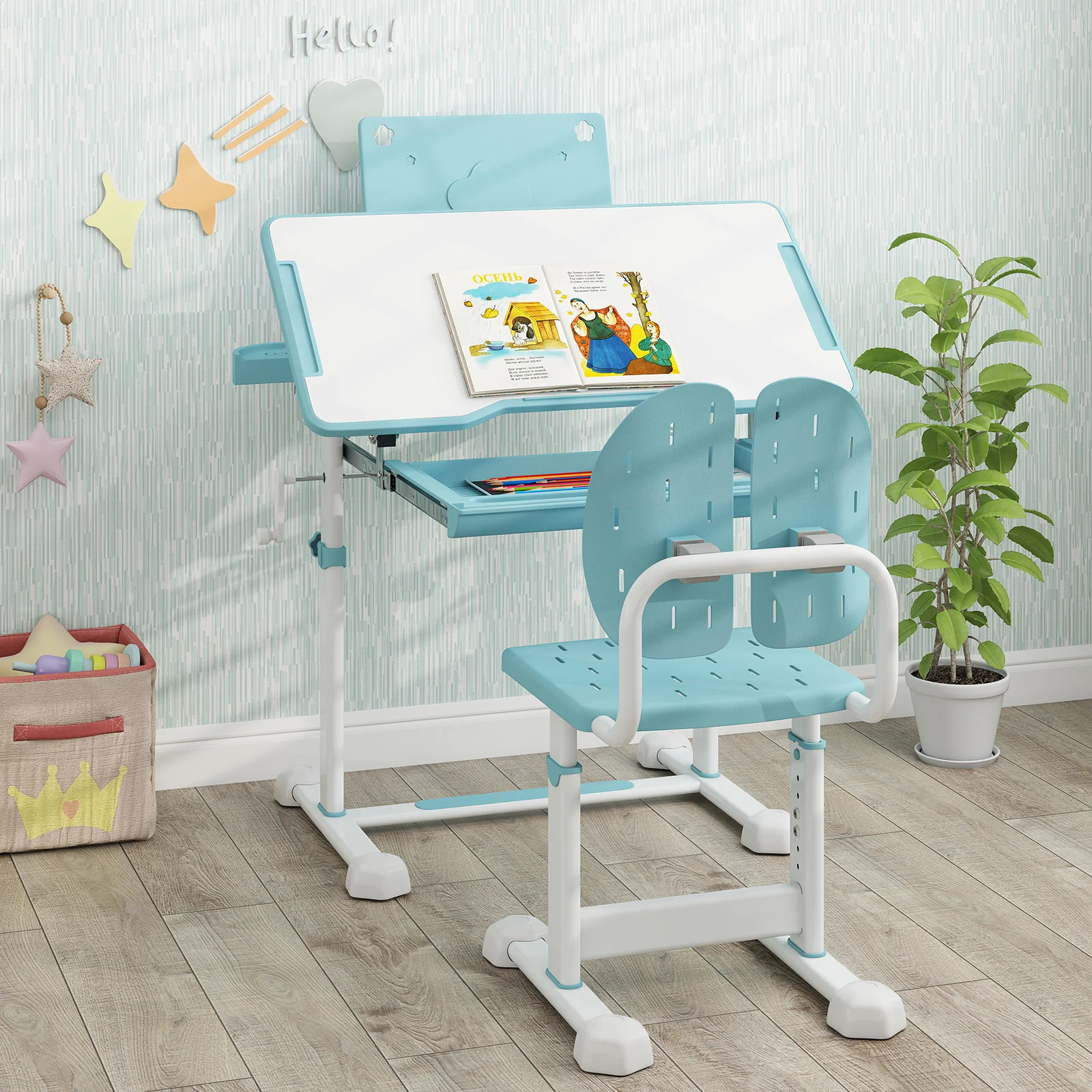 Kids Study Desk Chair Set, Tilt Desktop Book Stand, Blue - Image 3