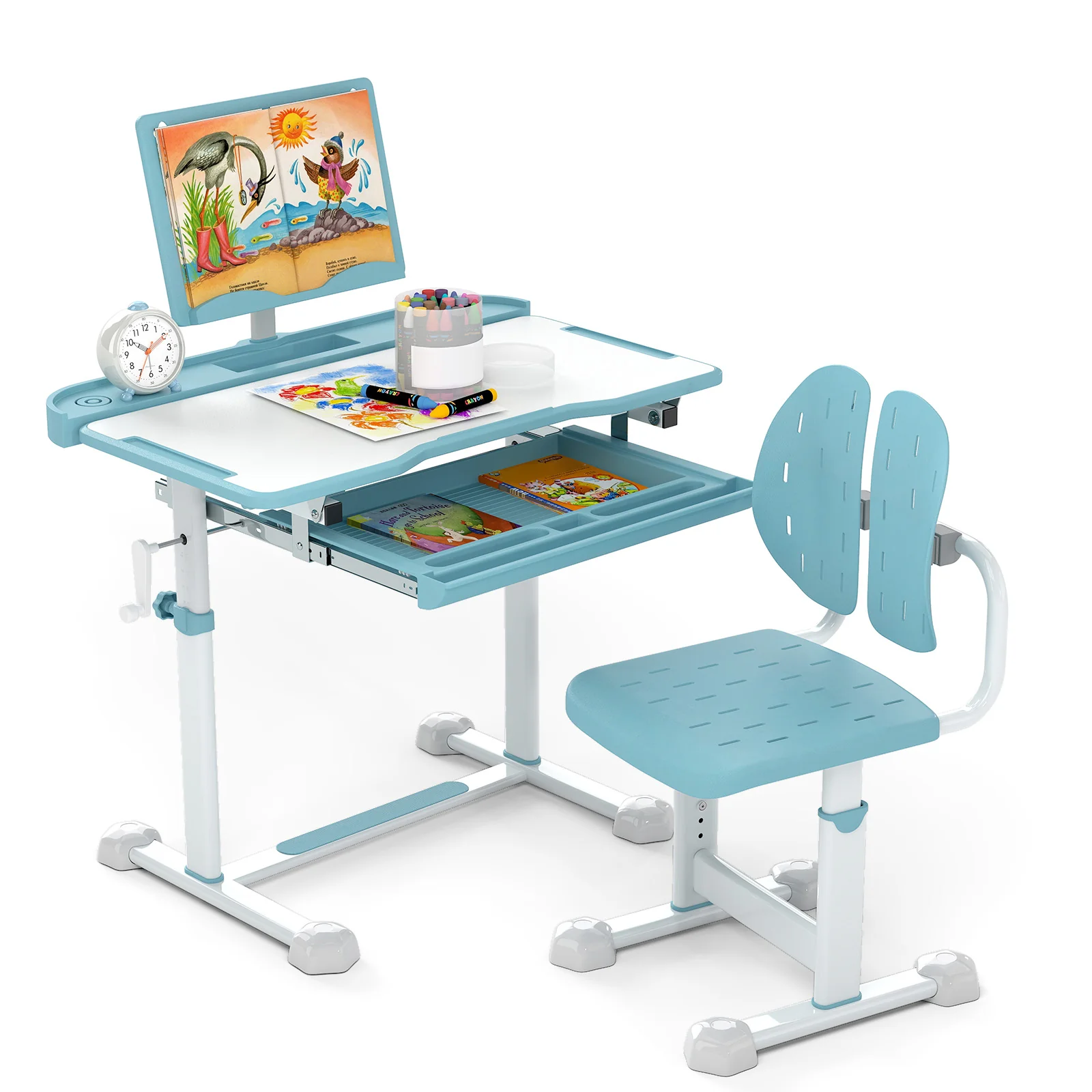 Kids Study Desk Chair Set, Tilt Desktop Book Stand, Blue - Image 4