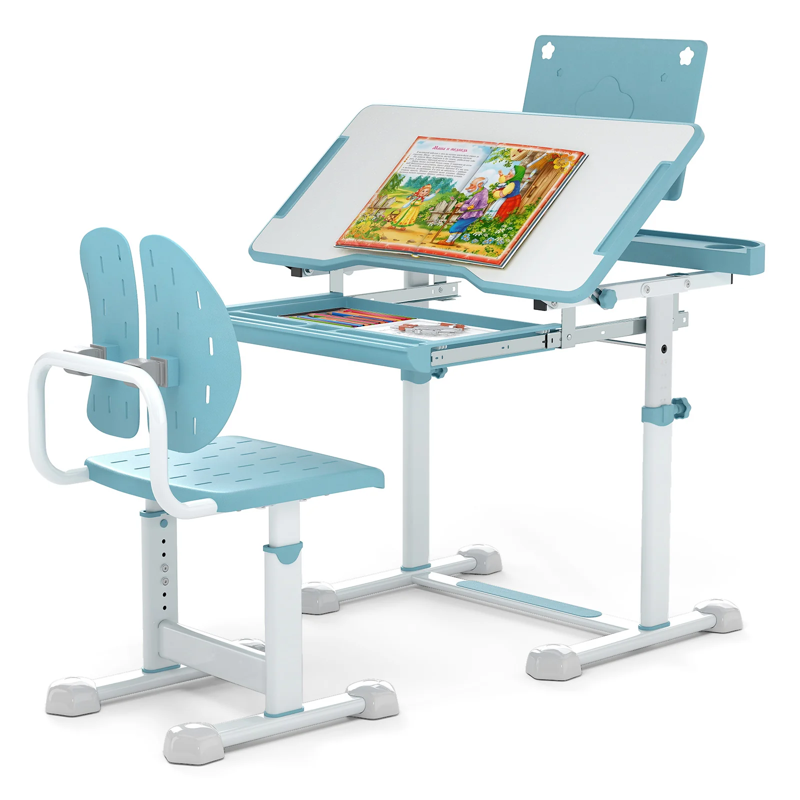 Kids Study Desk Chair Set, Tilt Desktop Book Stand, Blue - Image 5