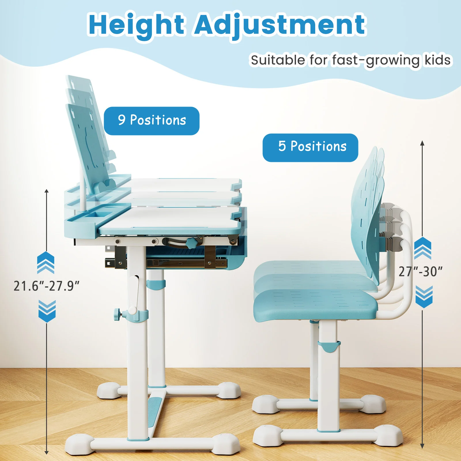 Kids Study Desk Chair Set, Tilt Desktop Book Stand, Blue - Image 7