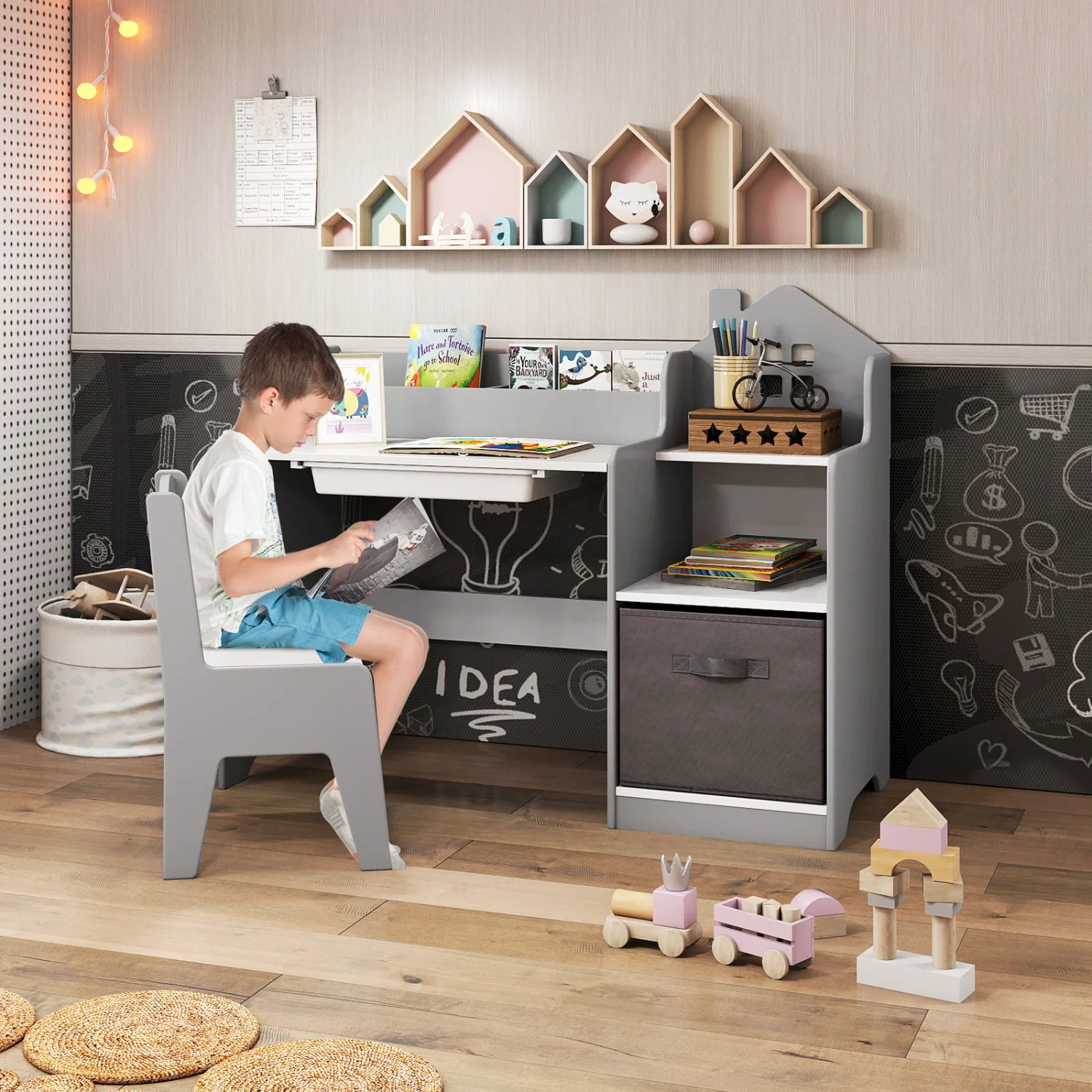 Kids Study Desk Chair Set With Open Shelves, Gray - Image 5