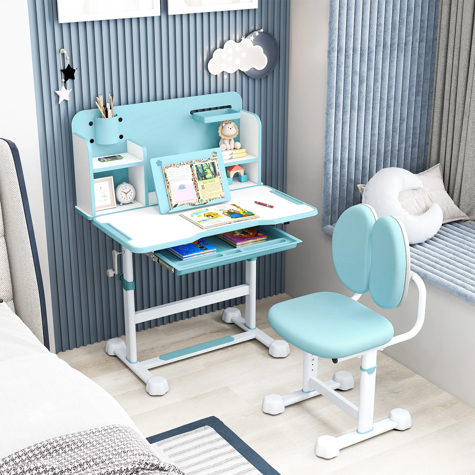 Kid's Study Desk, Tilt Desktop, Pen Holder, Blue - Image 3