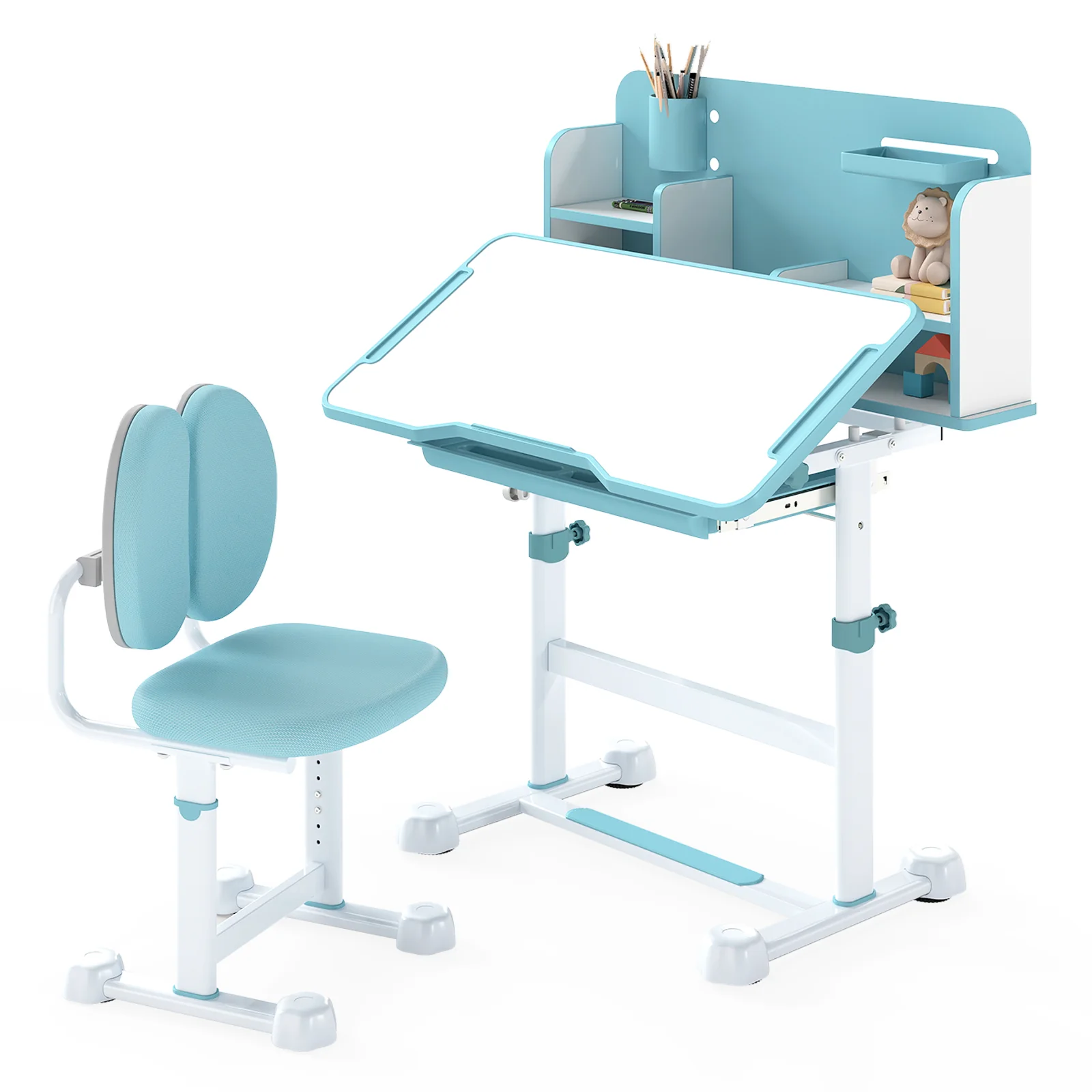 Kid's Study Desk, Tilt Desktop, Pen Holder, Blue - Image 4