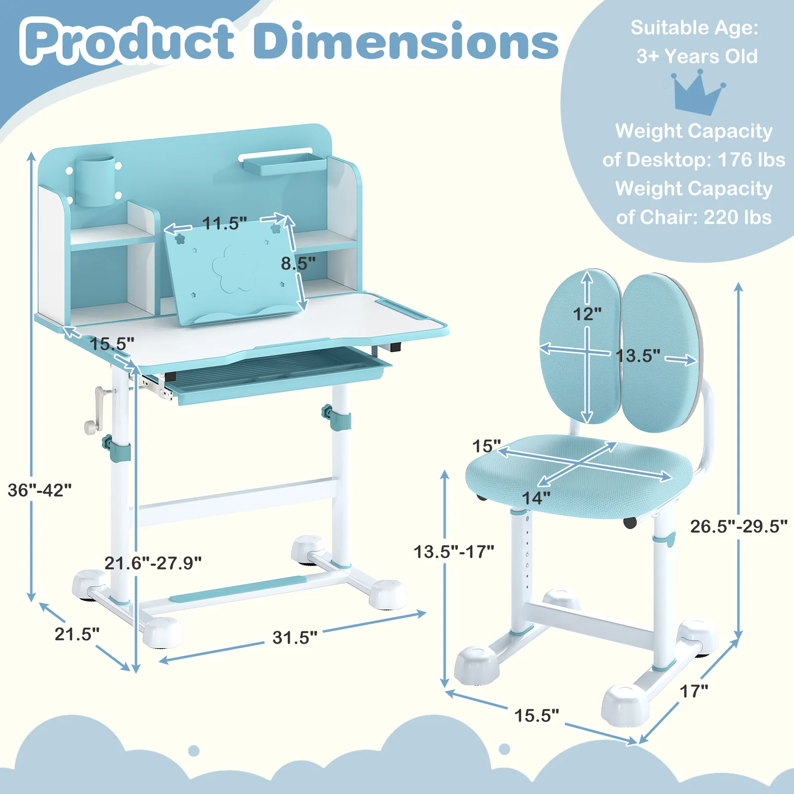 Kid's Study Desk, Tilt Desktop, Pen Holder, Blue - Image 6