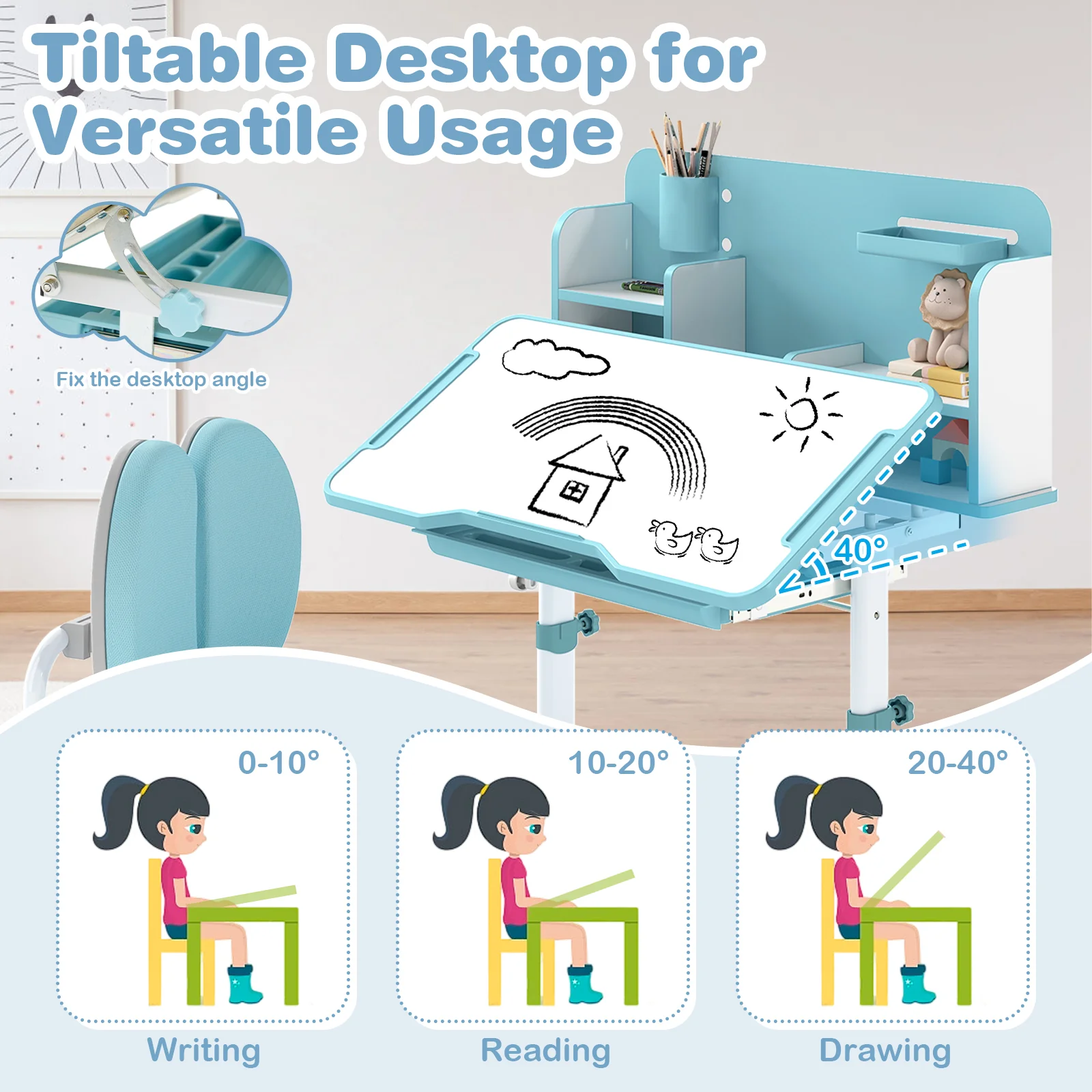 Kid's Study Desk, Tilt Desktop, Pen Holder, Blue - Image 8