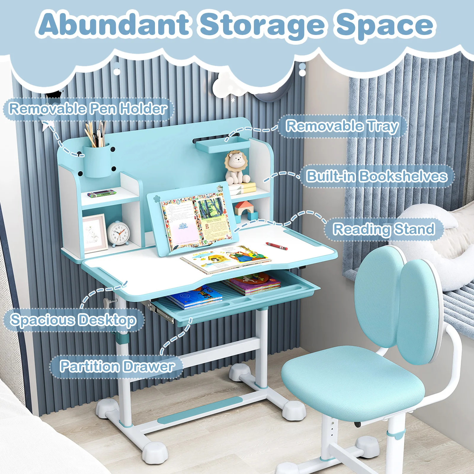 Kid's Study Desk, Tilt Desktop, Pen Holder, Blue - Image 9
