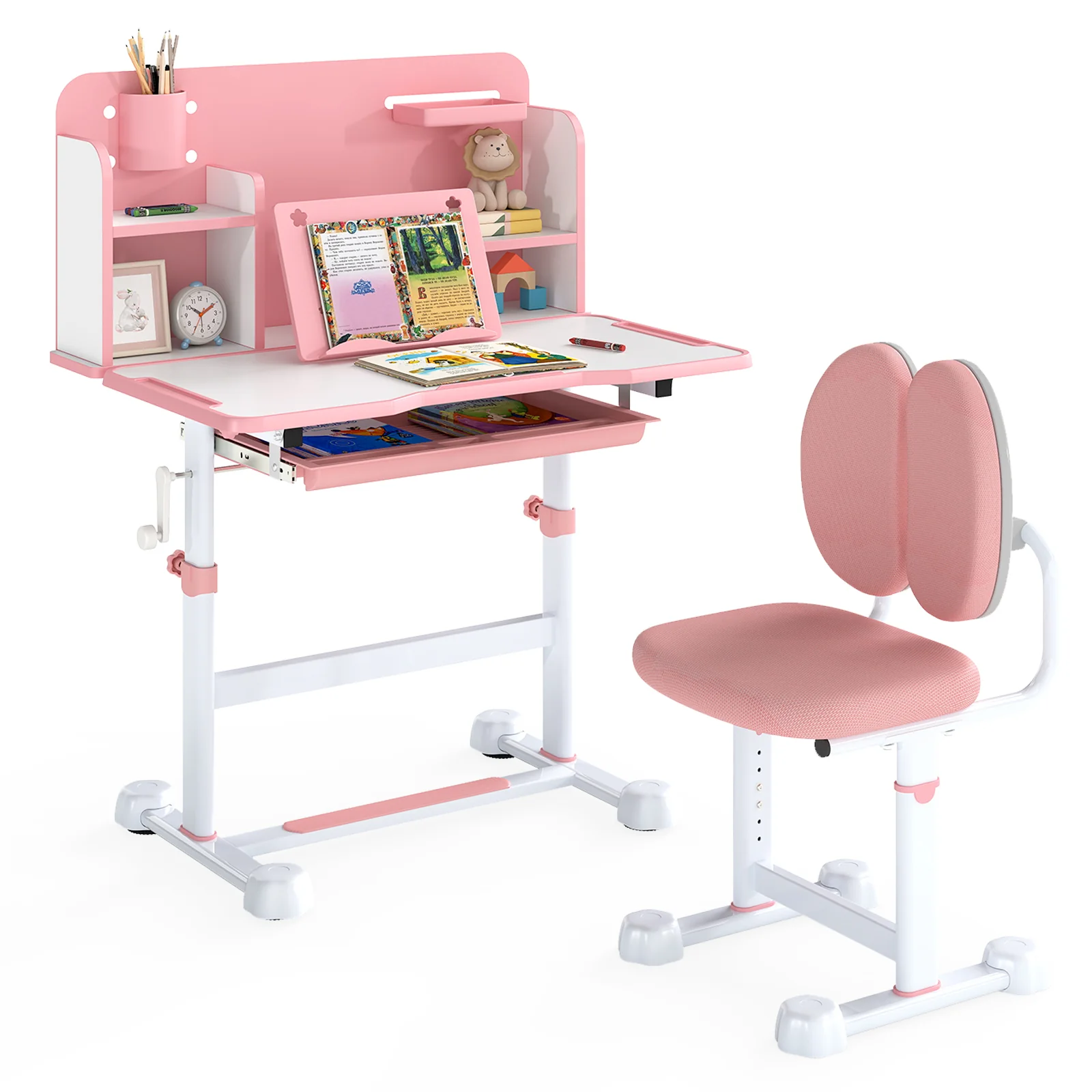 Kids Study Desk, Tilt Desktop, Pen Holder, Pink