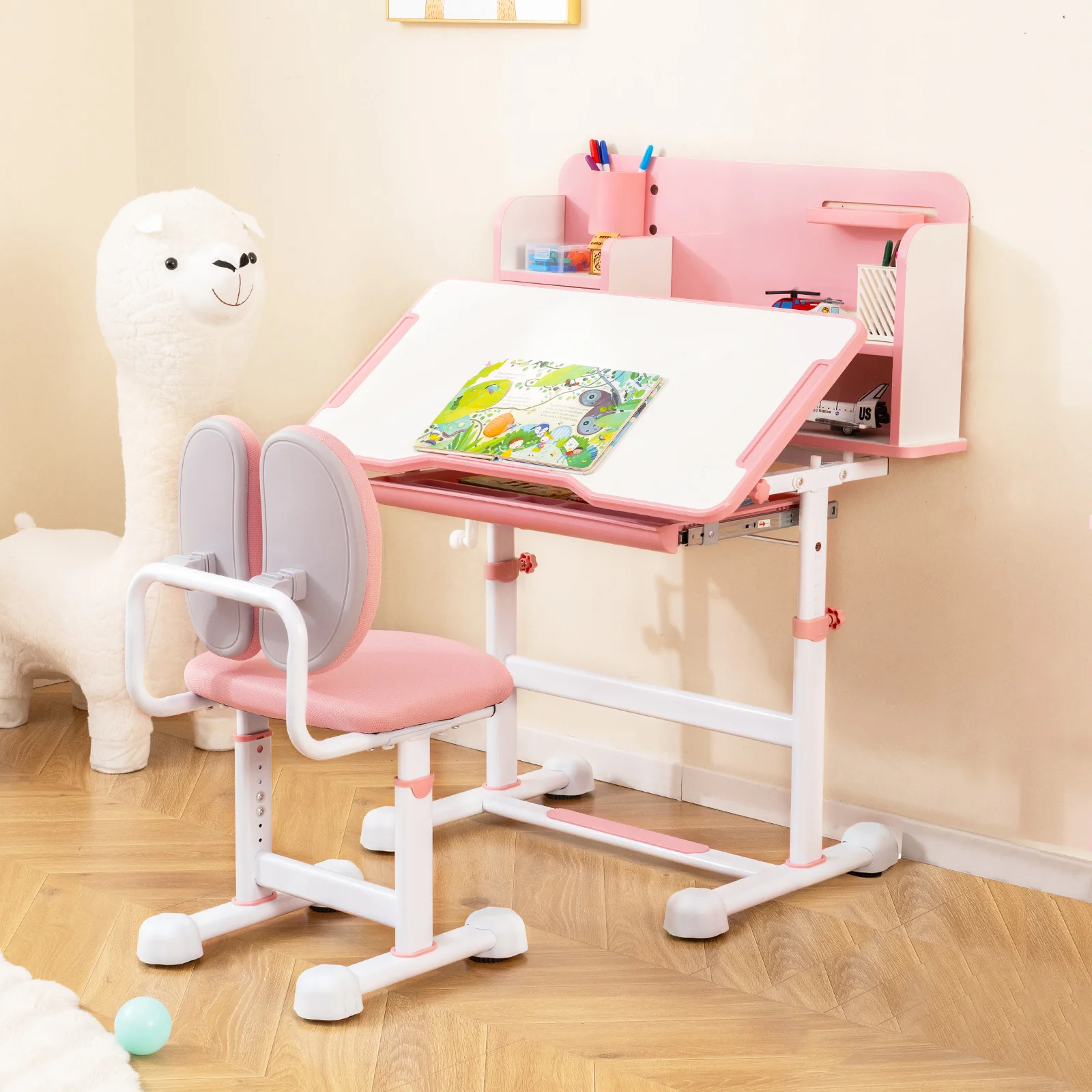 Kids Study Desk, Tilt Desktop, Pen Holder, Pink - Image 3