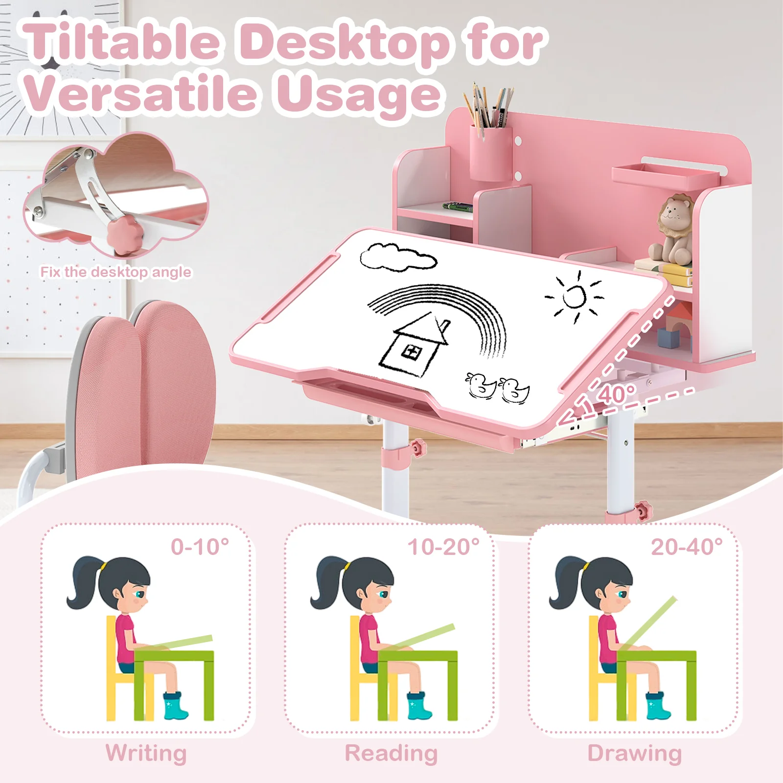Kids Study Desk, Tilt Desktop, Pen Holder, Pink - Image 8
