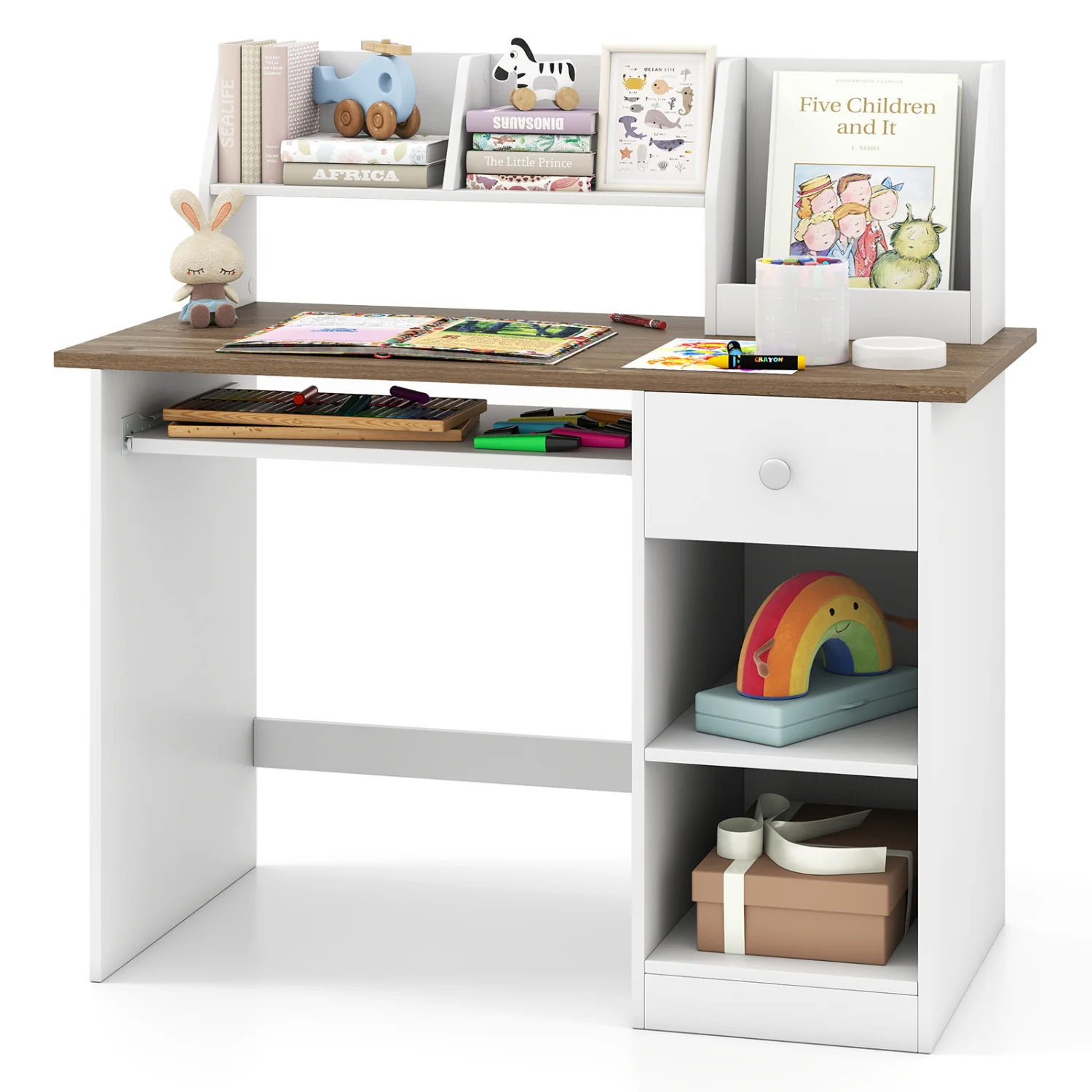 Kids Study Desk with Drawer, Shelves & Keyboard Tray, Natural White