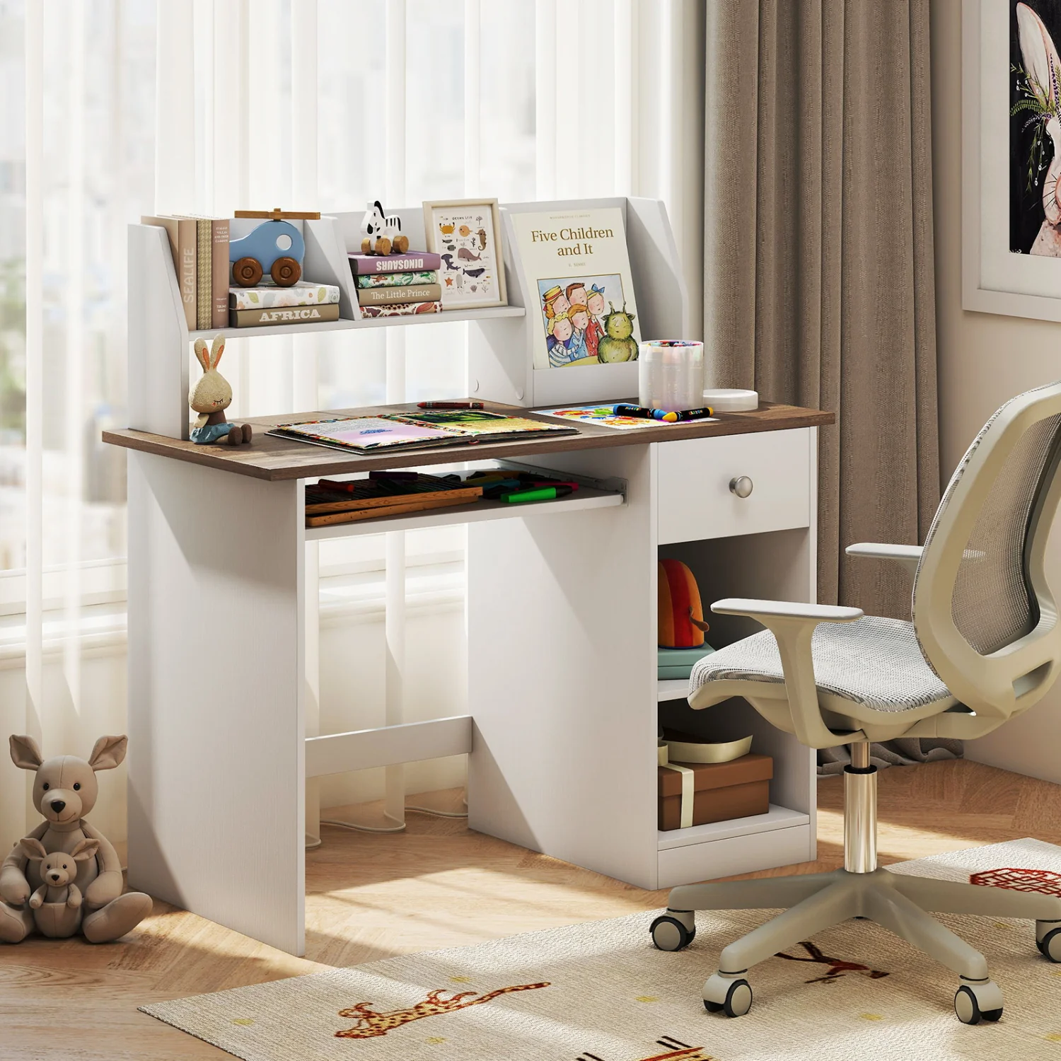 Kids Study Desk with Drawer, Shelves & Keyboard Tray, Natural White - Image 2
