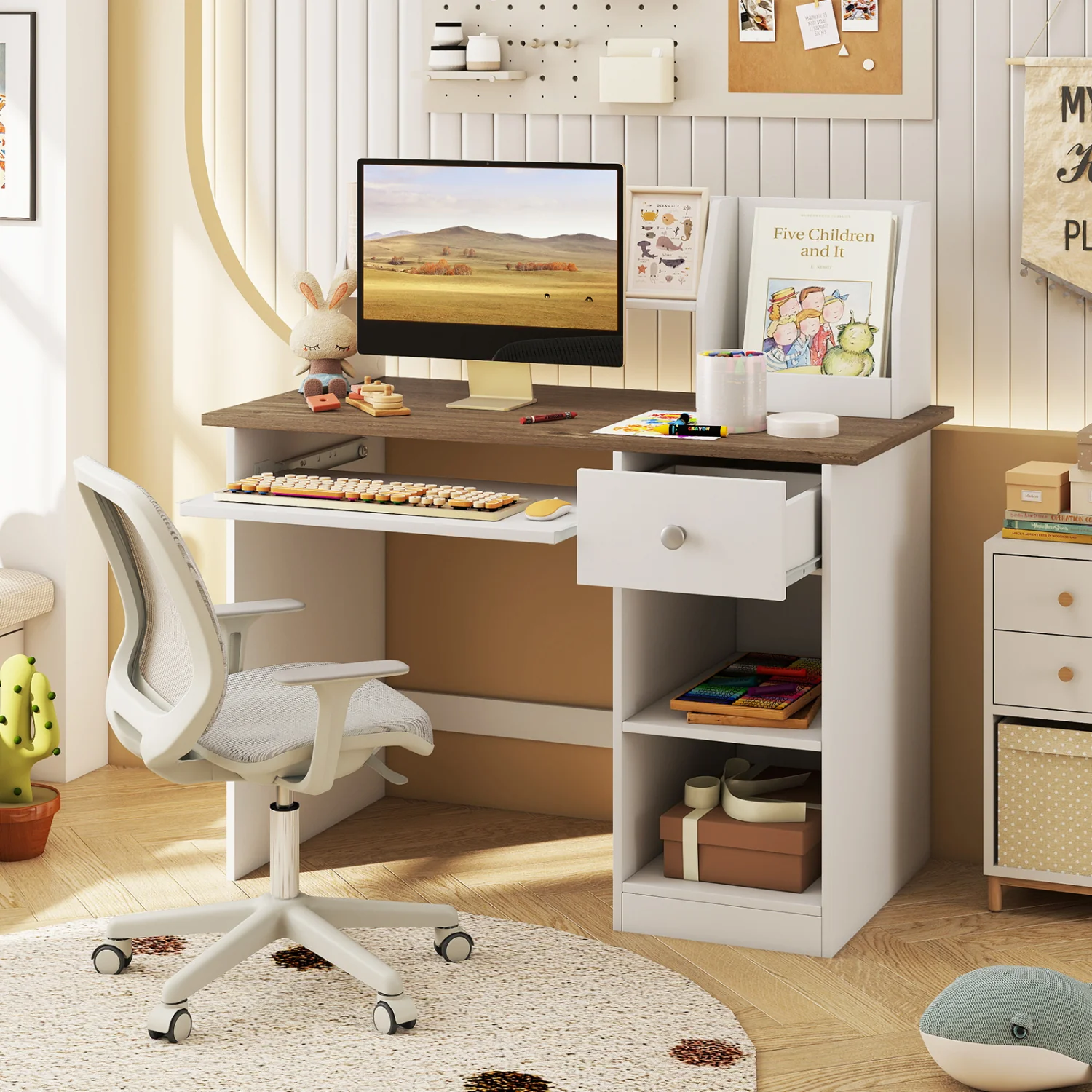Kids Study Desk with Drawer, Shelves & Keyboard Tray, Natural White - Image 3