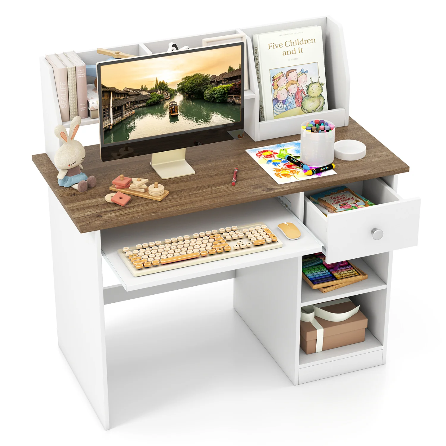 Kids Study Desk with Drawer, Shelves & Keyboard Tray, Natural White - Image 4