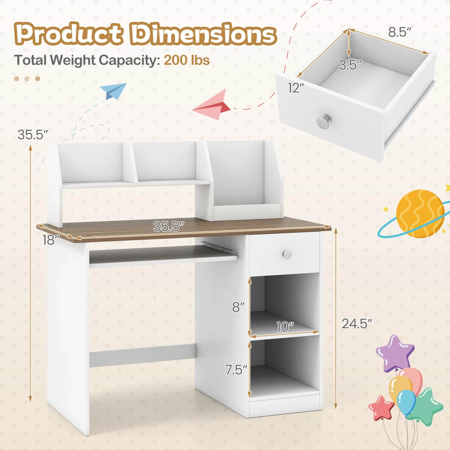 Kids Study Desk with Drawer, Shelves & Keyboard Tray, Natural White - Image 5
