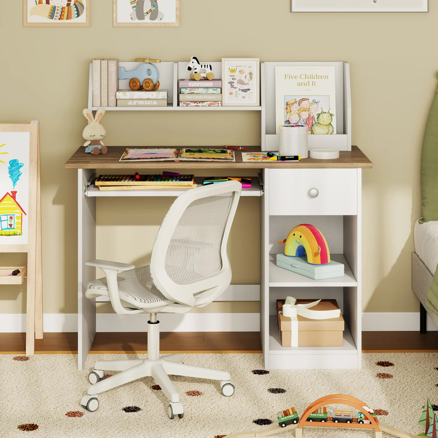 Kids Study Desk with Drawer, Shelves & Keyboard Tray, Natural White - Image 6