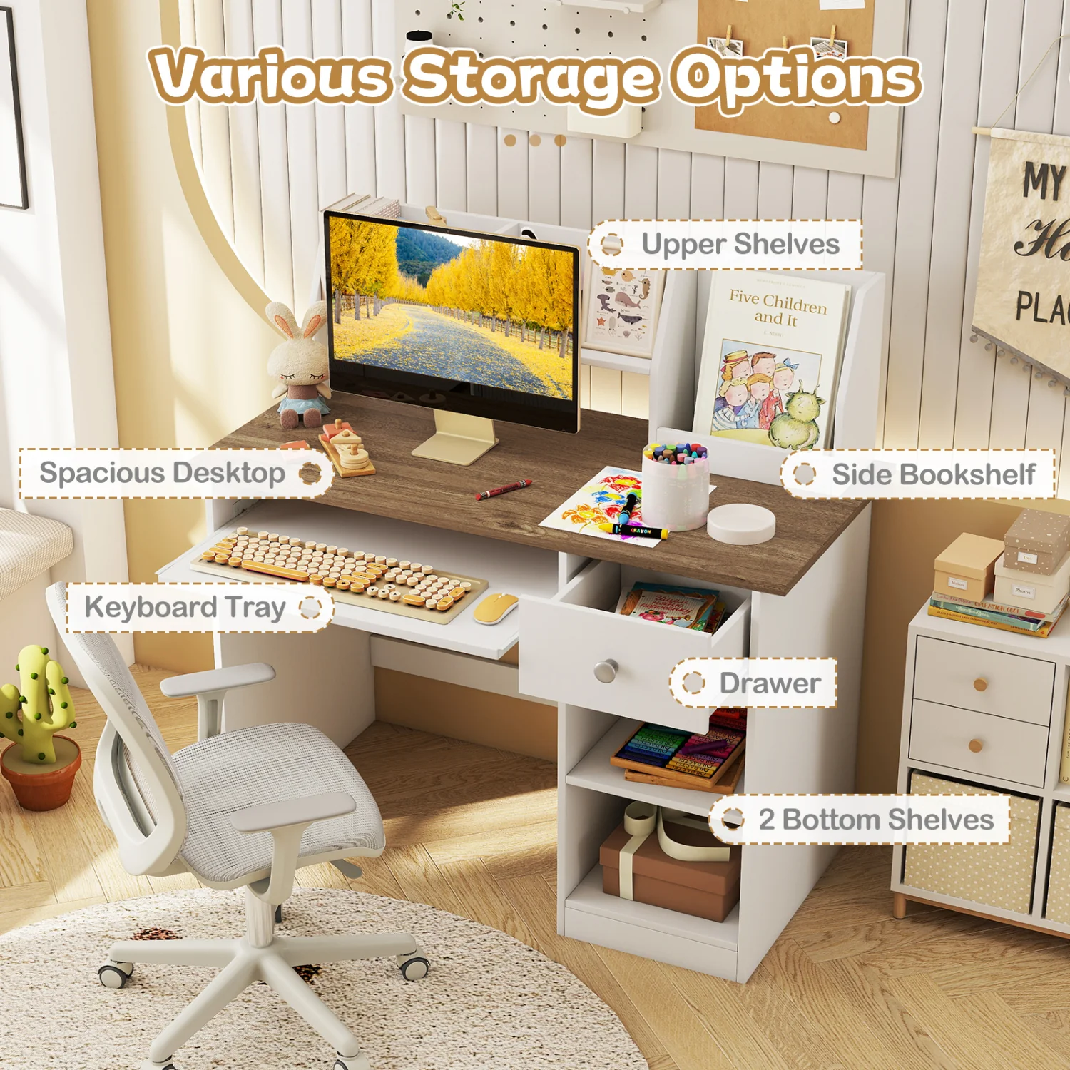 Kids Study Desk with Drawer, Shelves & Keyboard Tray, Natural White - Image 7