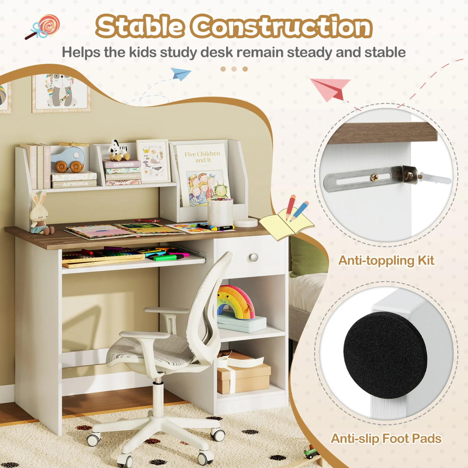 Kids Study Desk with Drawer, Shelves & Keyboard Tray, Natural White - Image 9