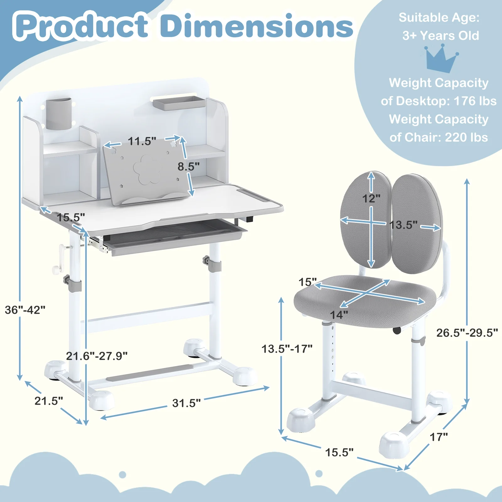Kids Study Desk With Tilt Desktop, Pen Holder, Gray - Image 6