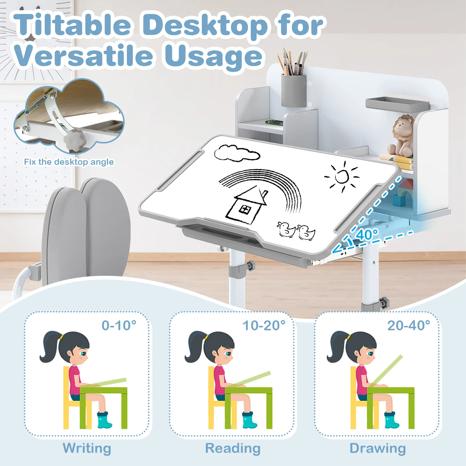 Kids Study Desk With Tilt Desktop, Pen Holder, Gray - Image 8