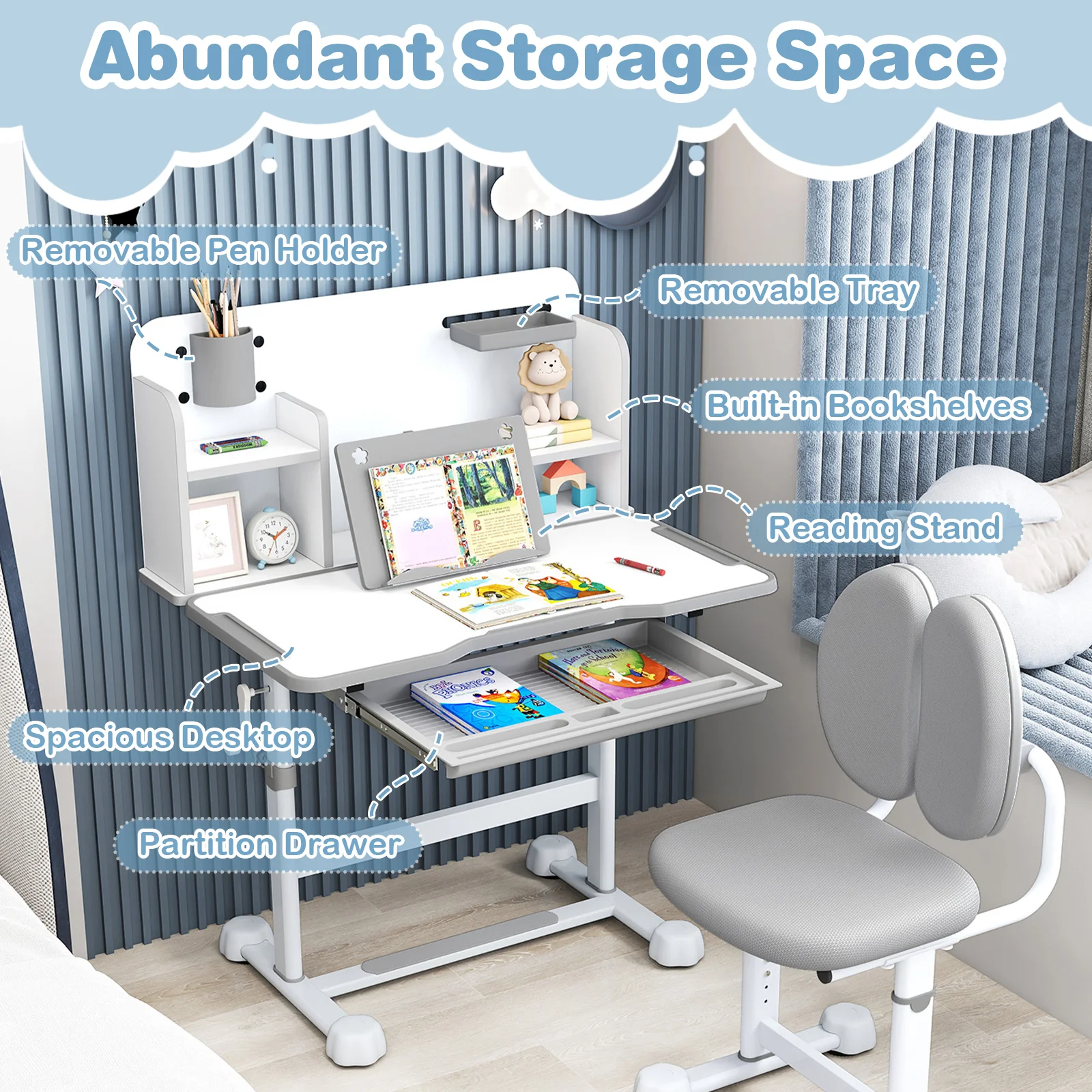 Kids Study Desk With Tilt Desktop, Pen Holder, Gray - Image 9