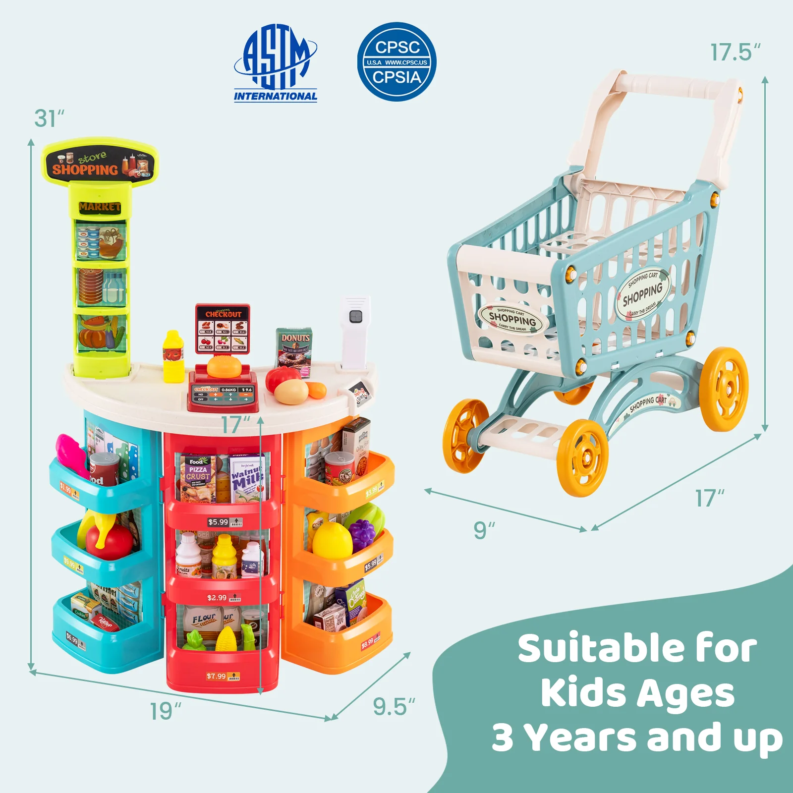 Kids Supermarket Playset, 76 PCS Grocery Store Set With Shopping Cart, Blue - Image 4