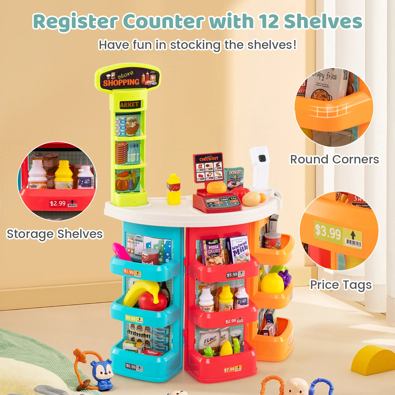 Kids Supermarket Playset, 76 PCS Grocery Store Set With Shopping Cart, Blue - Image 9