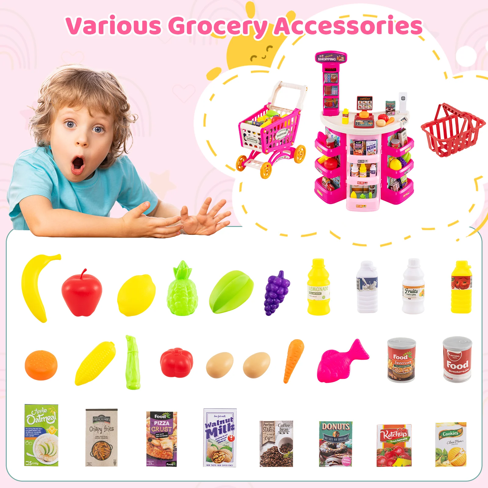 Kids Supermarket Playset, 76 PCS Grocery Store Set With Shopping Cart, Pink - Image 10