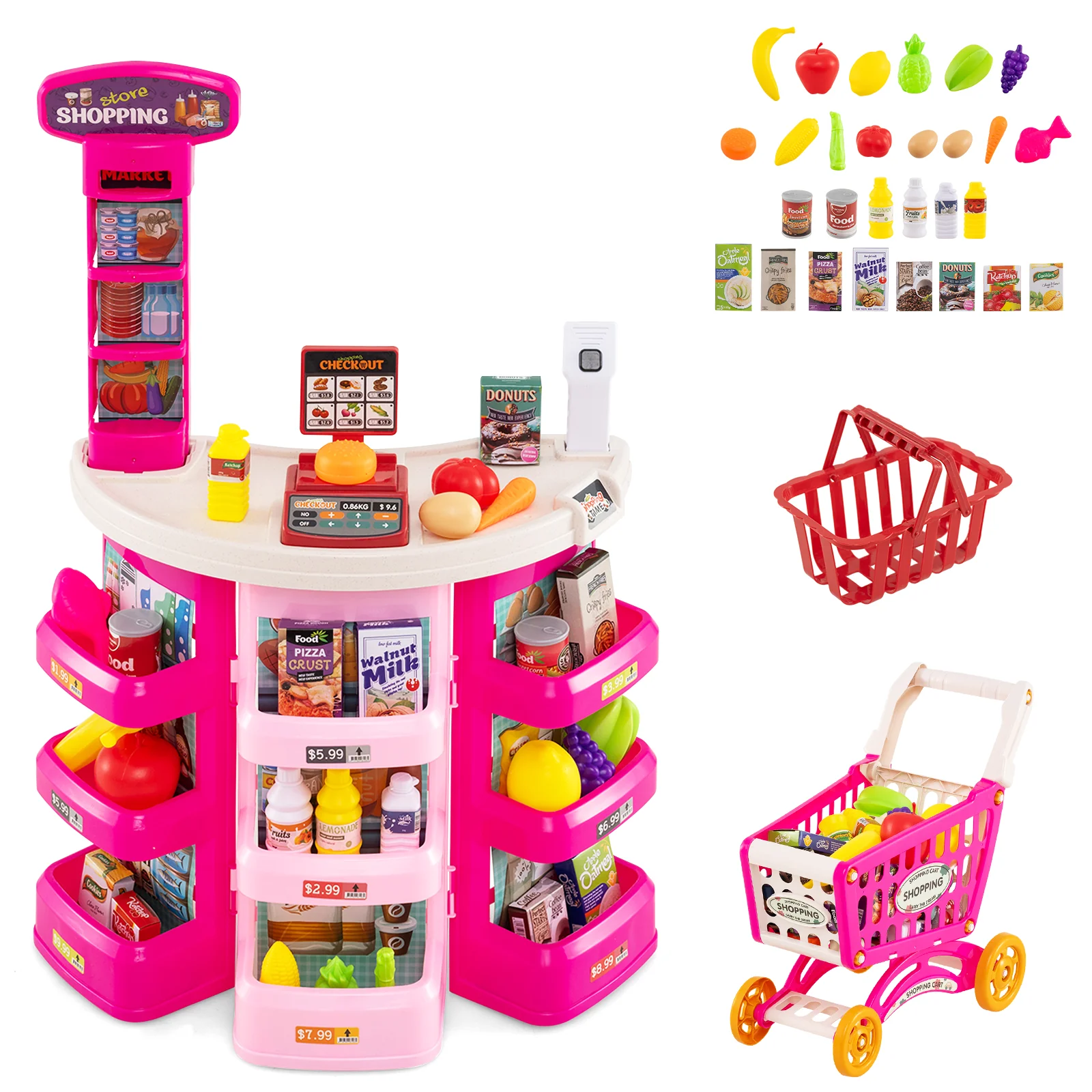 Kids Supermarket Playset, 76 PCS Grocery Store Set With Shopping Cart, Pink - Image 3