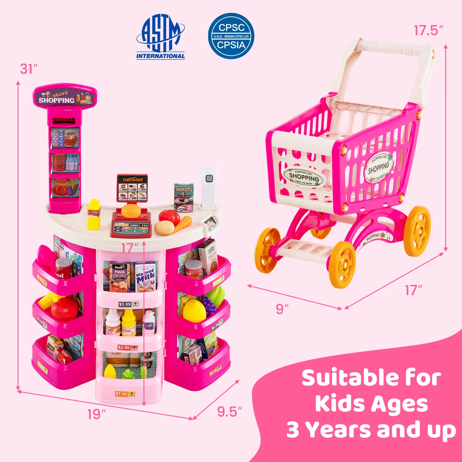 Kids Supermarket Playset, 76 PCS Grocery Store Set With Shopping Cart, Pink - Image 4