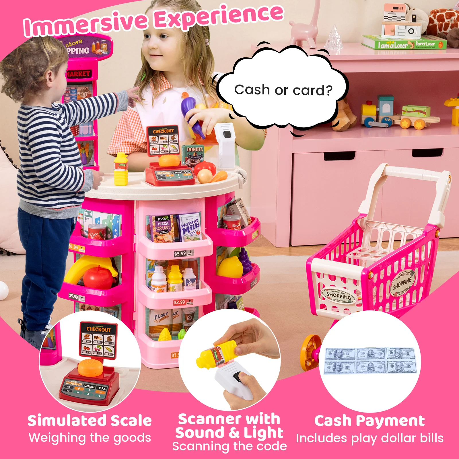 Kids Supermarket Playset, 76 PCS Grocery Store Set With Shopping Cart, Pink - Image 5