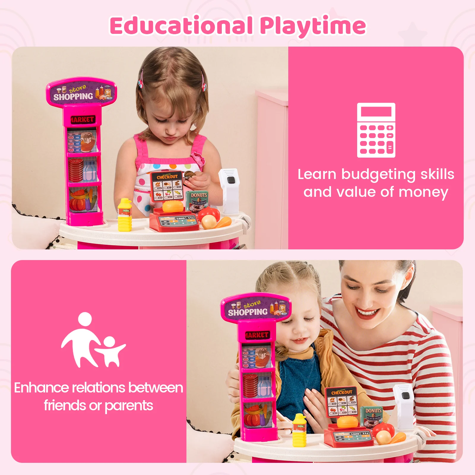 Kids Supermarket Playset, 76 PCS Grocery Store Set With Shopping Cart, Pink - Image 6